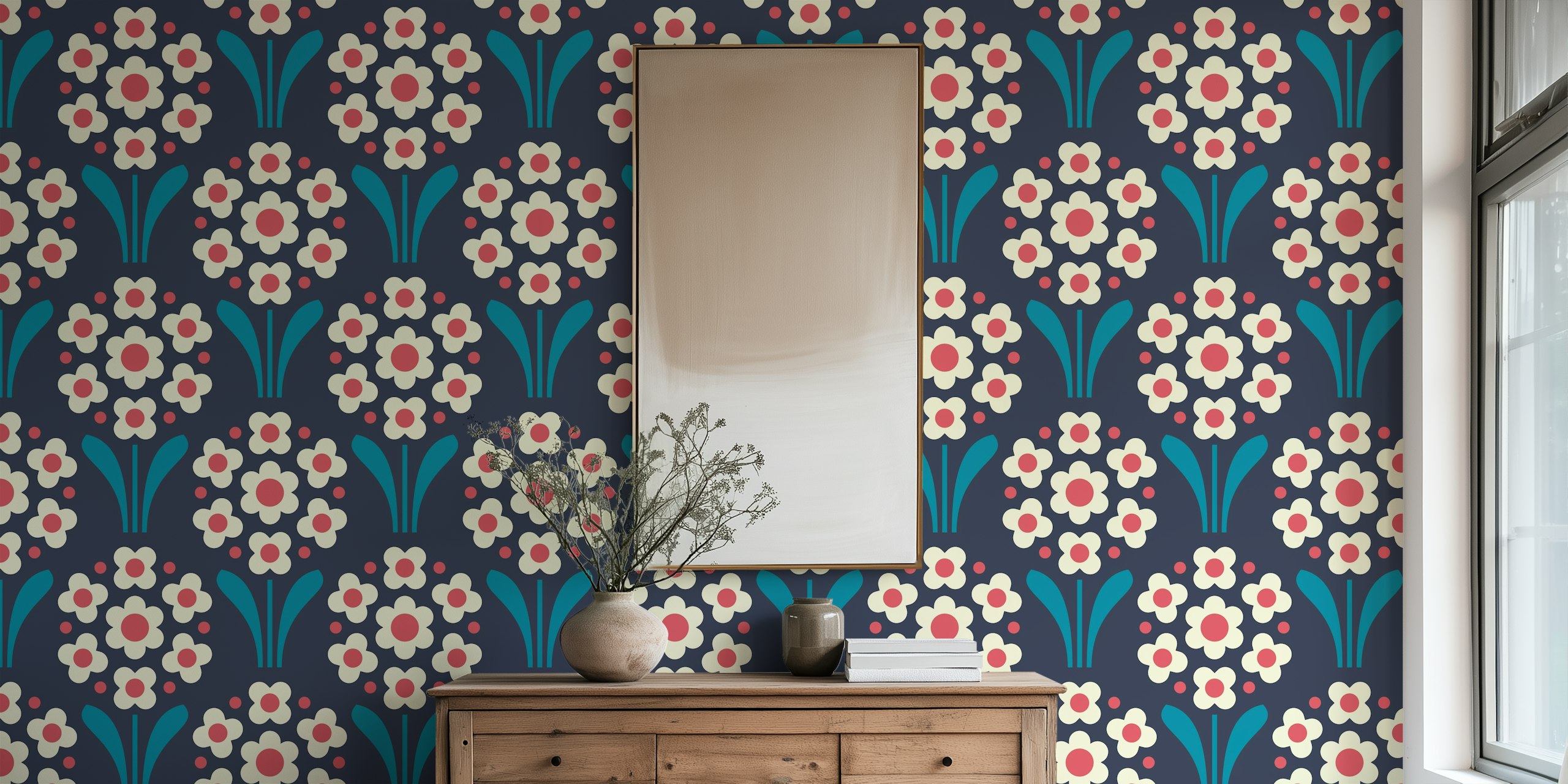 Groovy Daisy Delight in Blue Pink design de papier peint