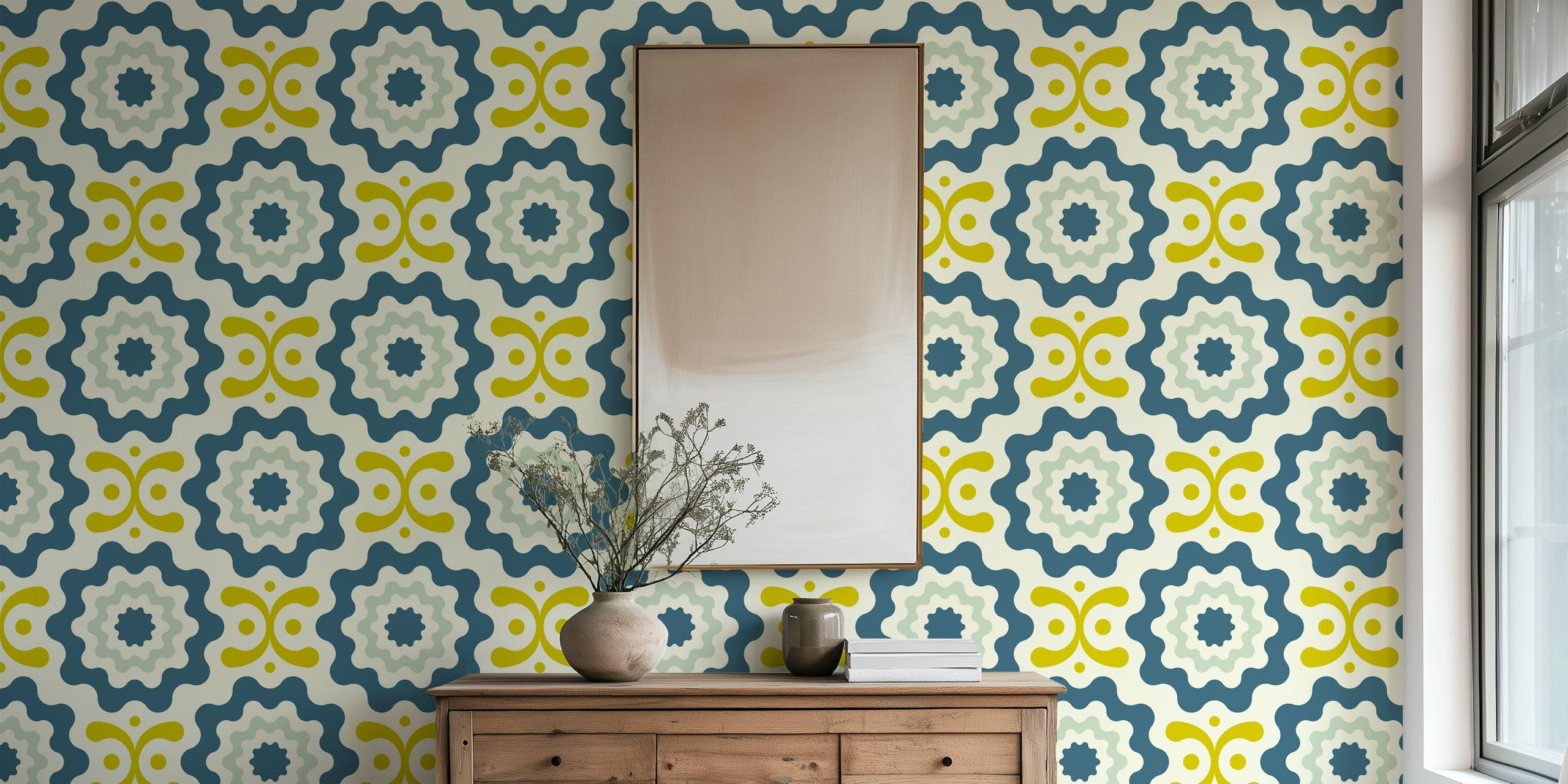 Funky geometric teal green wallpaper in room