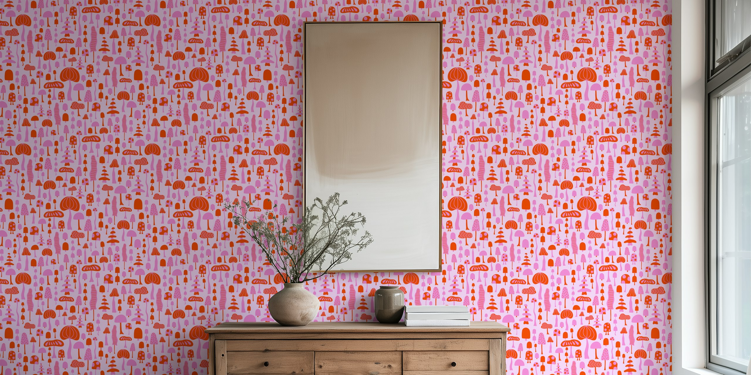 Colorful mushroom pattern in pink and red wallpaper