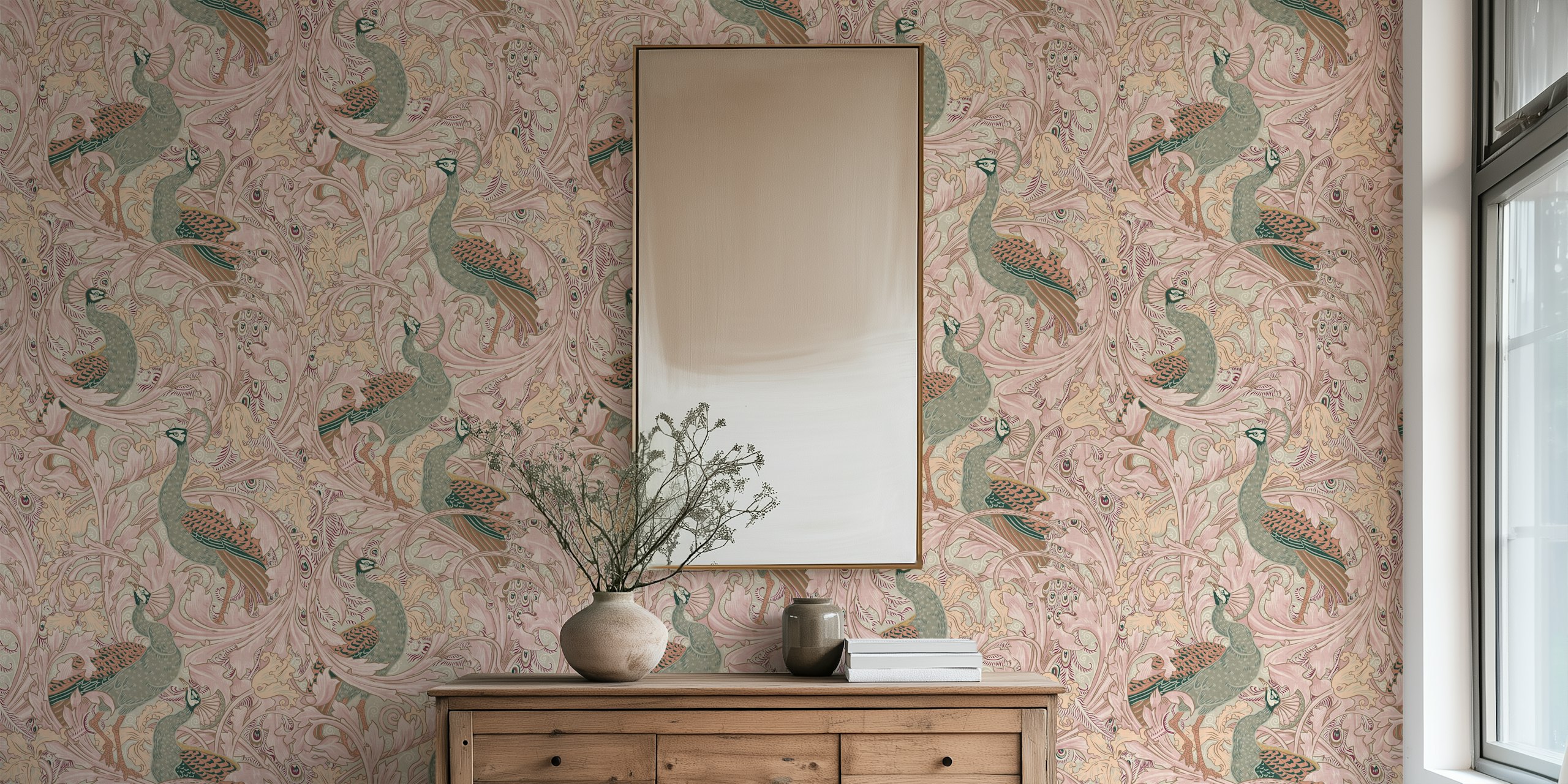 Peacock and floral motifs in pink and sage wallpaper