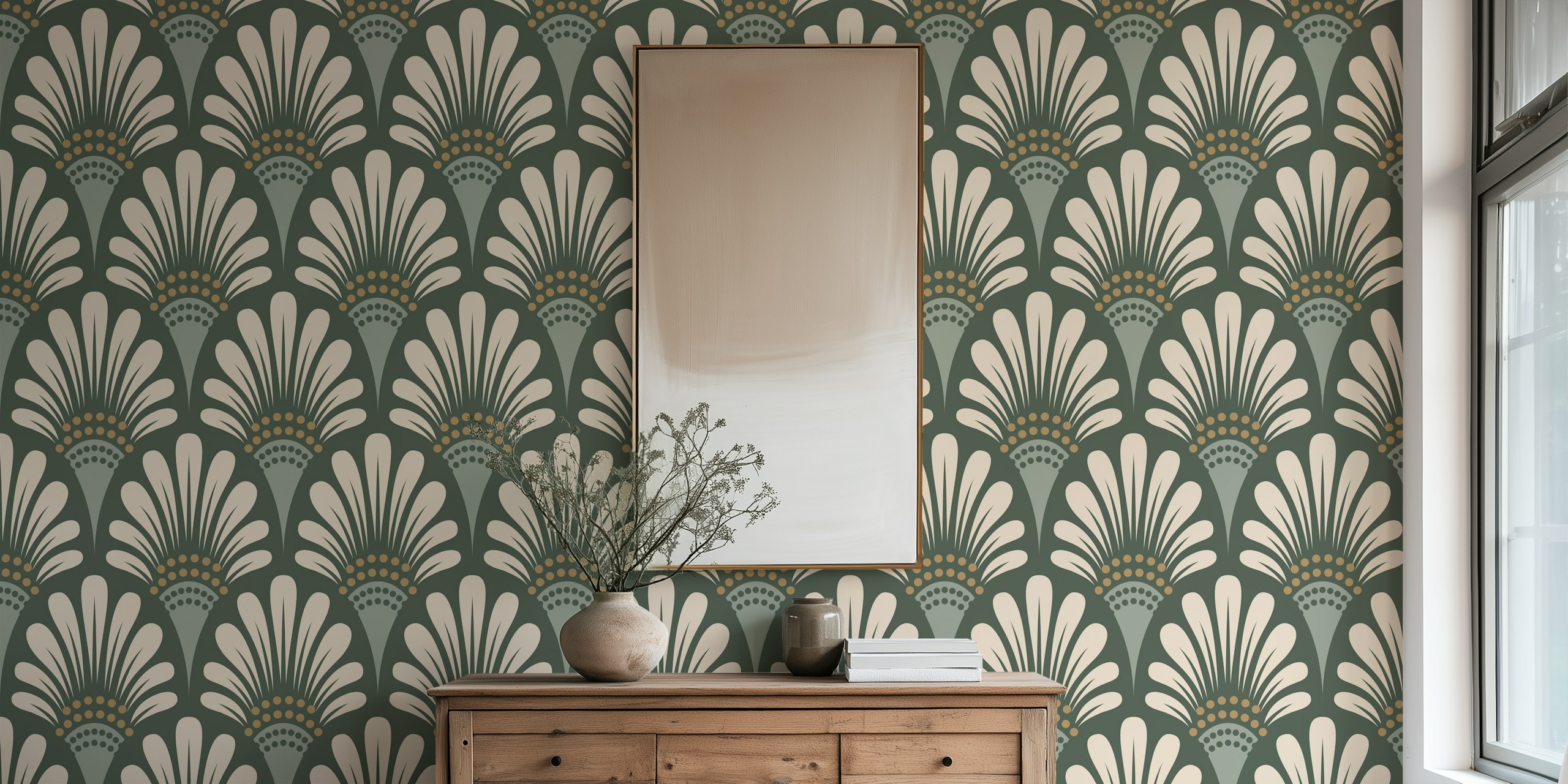 Art deco floral pattern in sage green and cream wallpaper