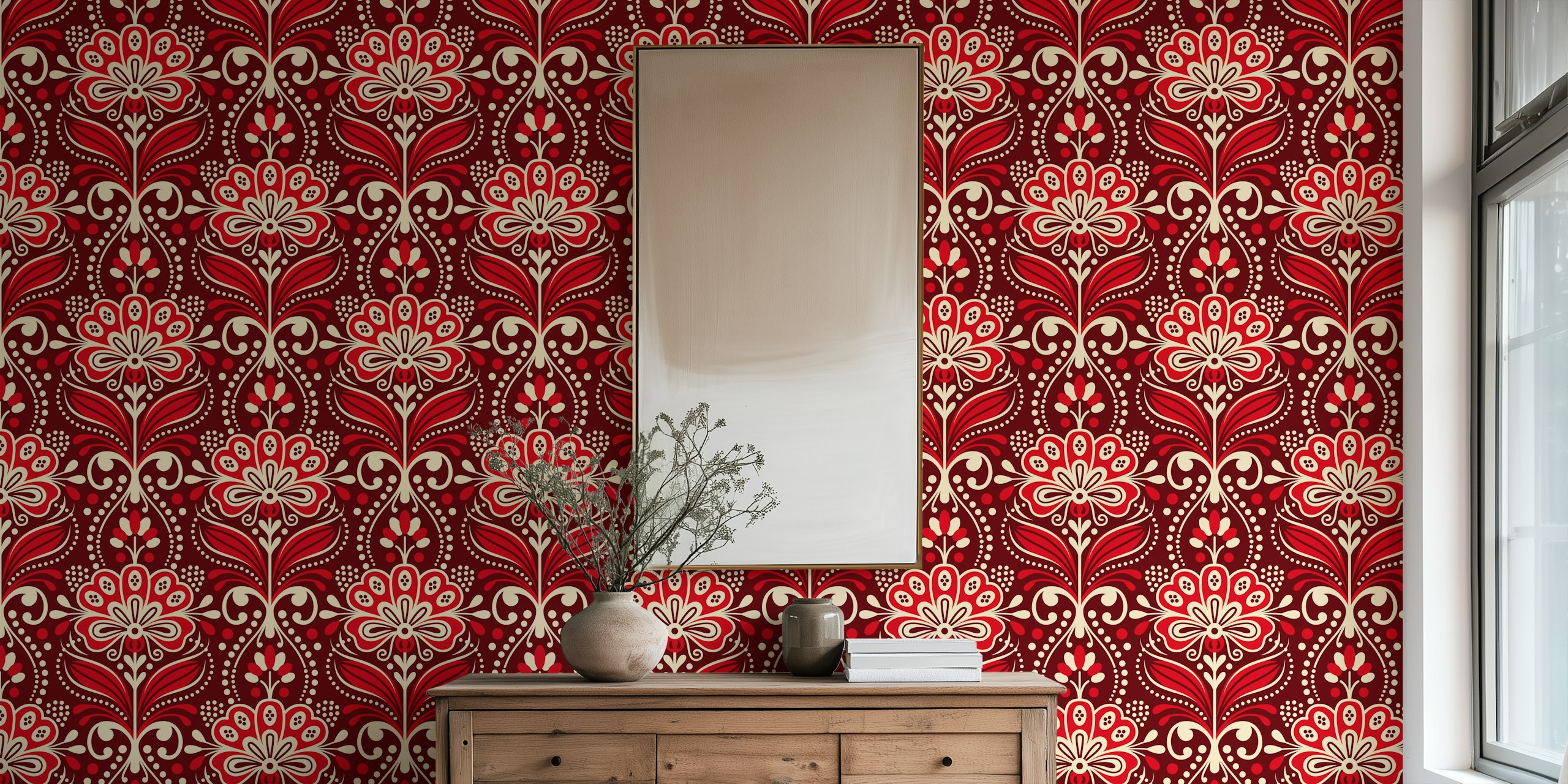 Σκούρο κόκκινο Ornamental vintage florals wallpaper