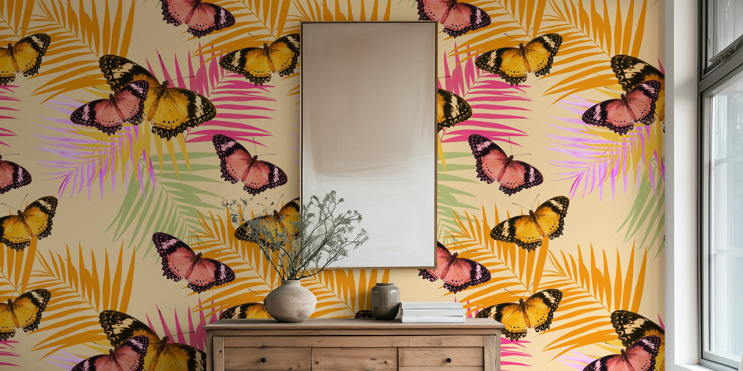 Retro Summer Butterfly Palm Dream -tapetti huoneessa