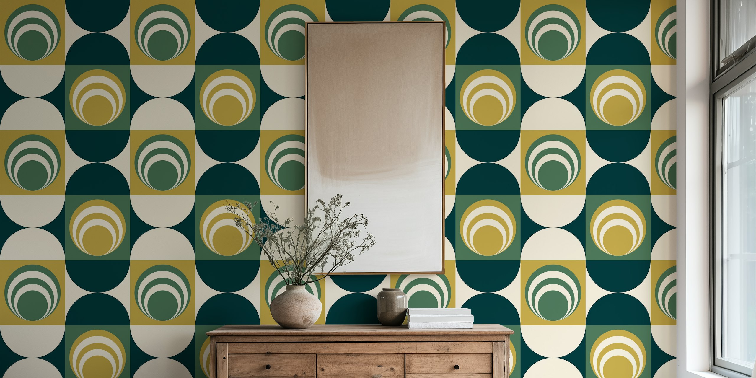 Geometric circles in green, beige, and dark green wallpaper