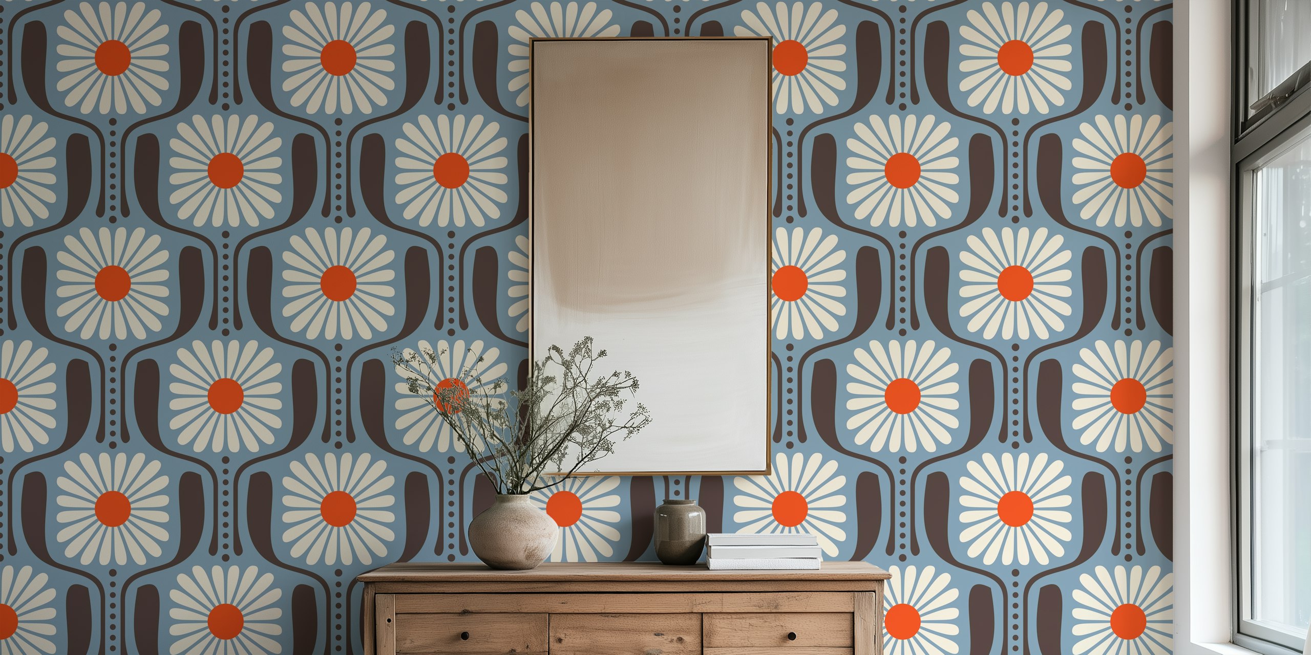 Floral daisies in white and orange on blue background wallpaper