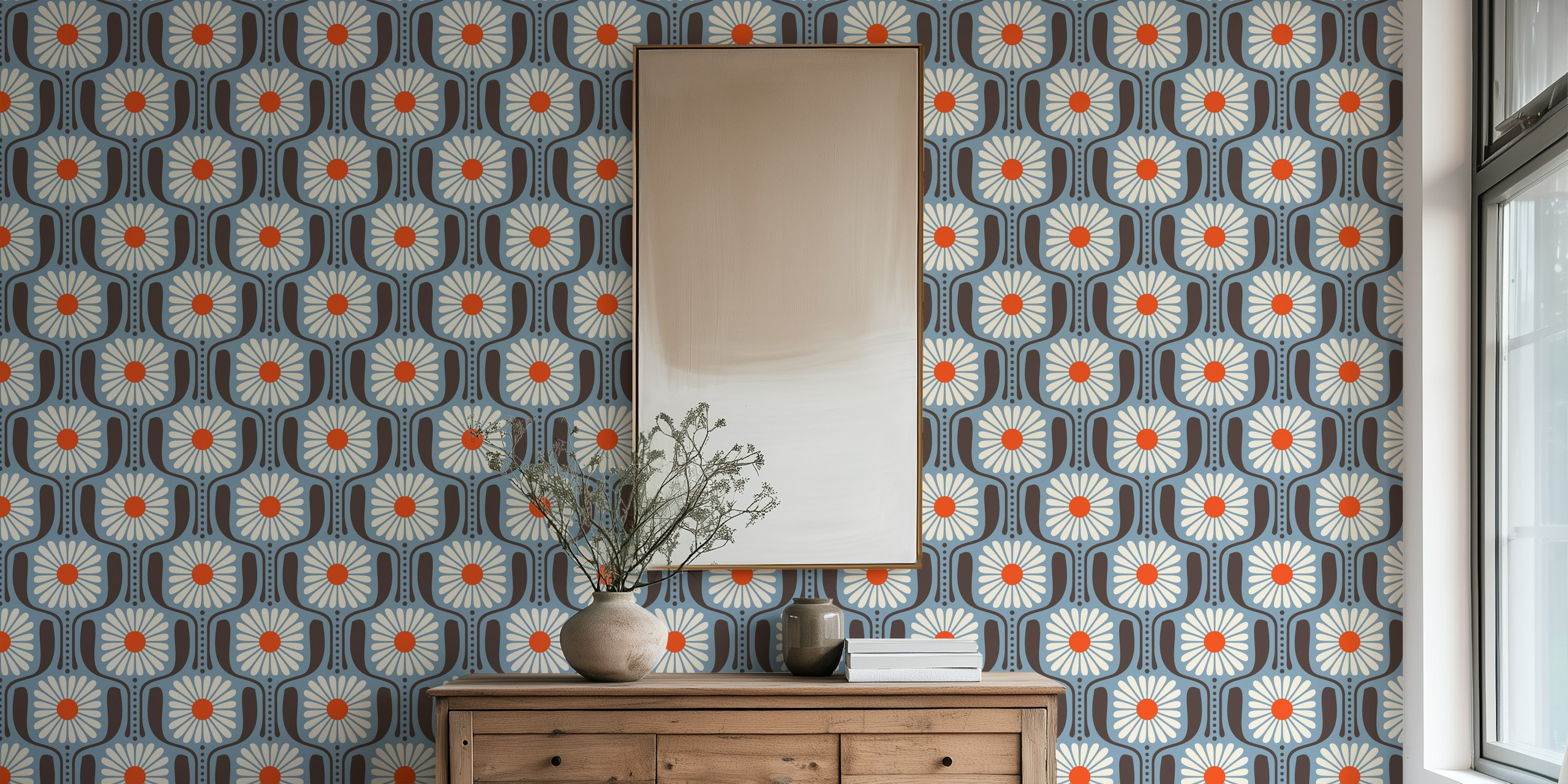 Timeless Daisy Art in Blue wallpaper in a room