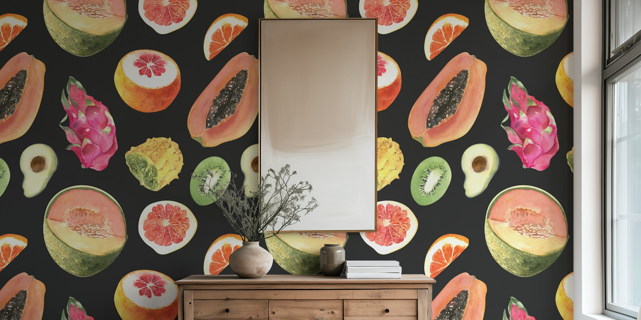 Tropical fruits wallpaper on an off-black background