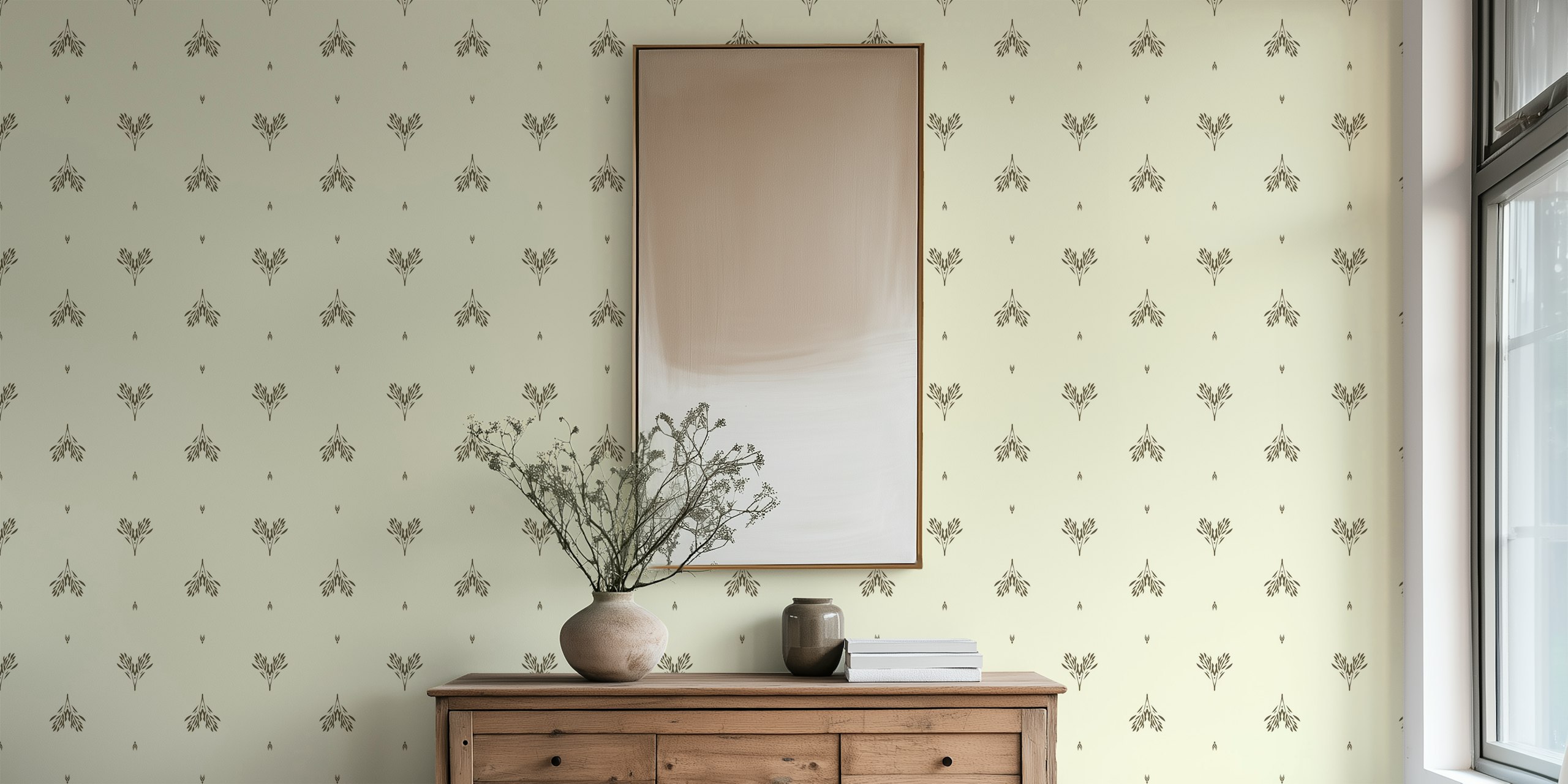 Minimalist heart branches pattern in black on warm white wallpaper