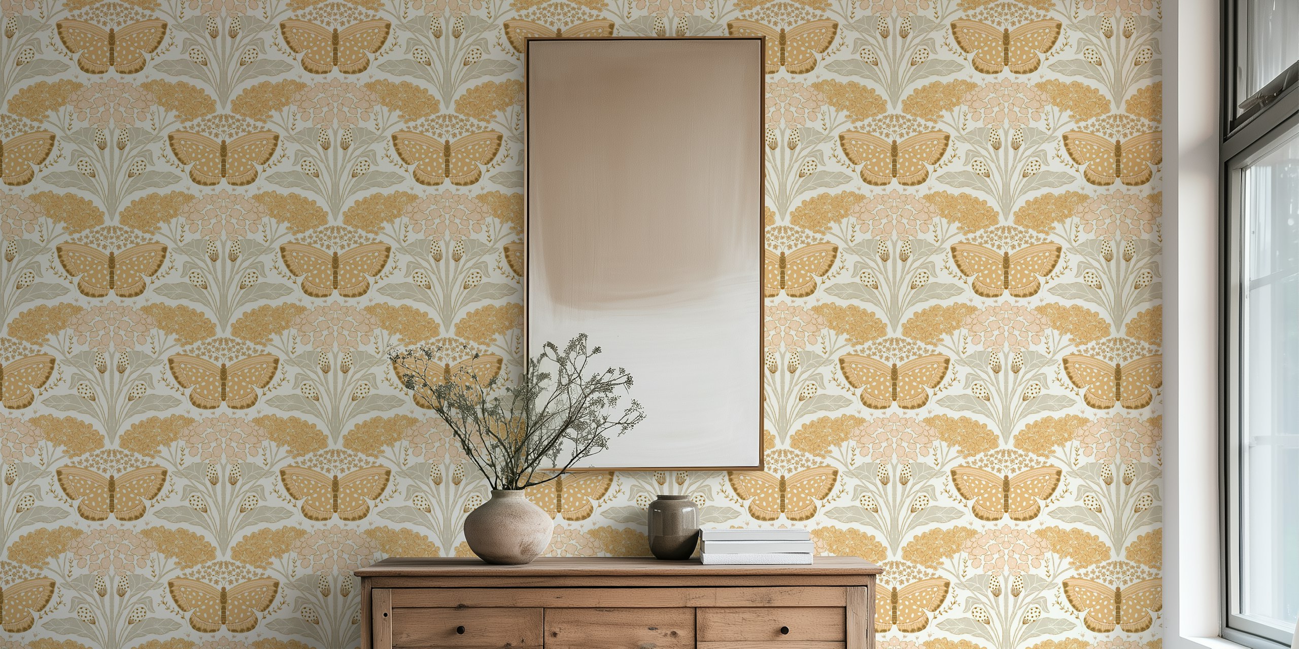 Golden butterfly illustrations among floral patterns in beige and soft colors wallpaper