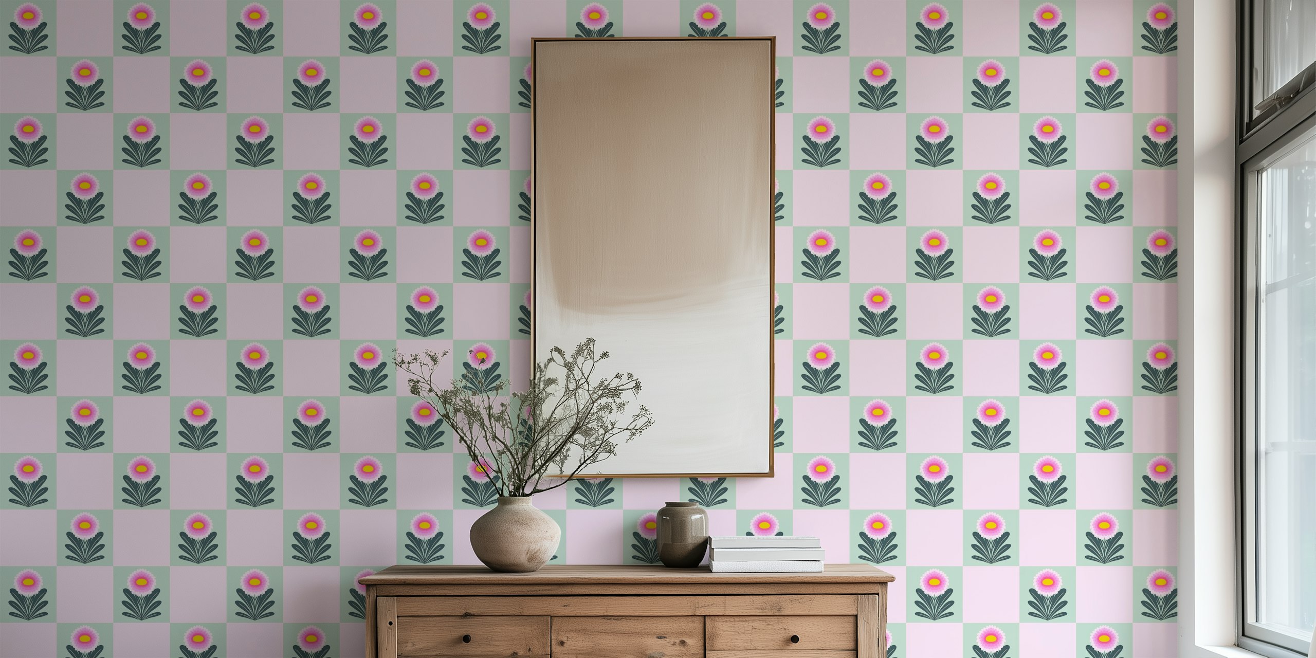 Chrysanthemum grid - pink and mint papier peint dans une pièce