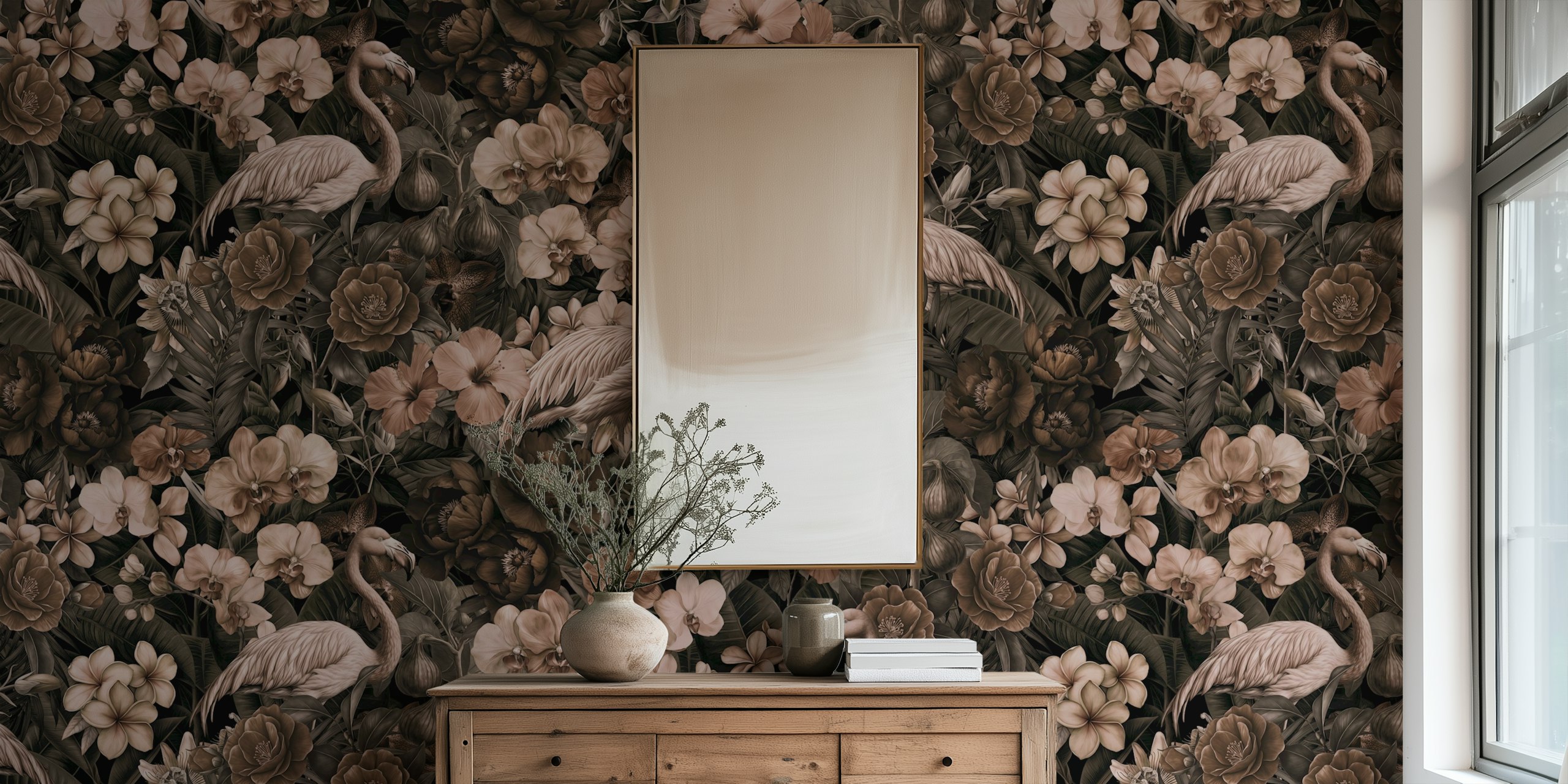 Moody Floral Tropical Flamingo Escape papel de parede em um quarto