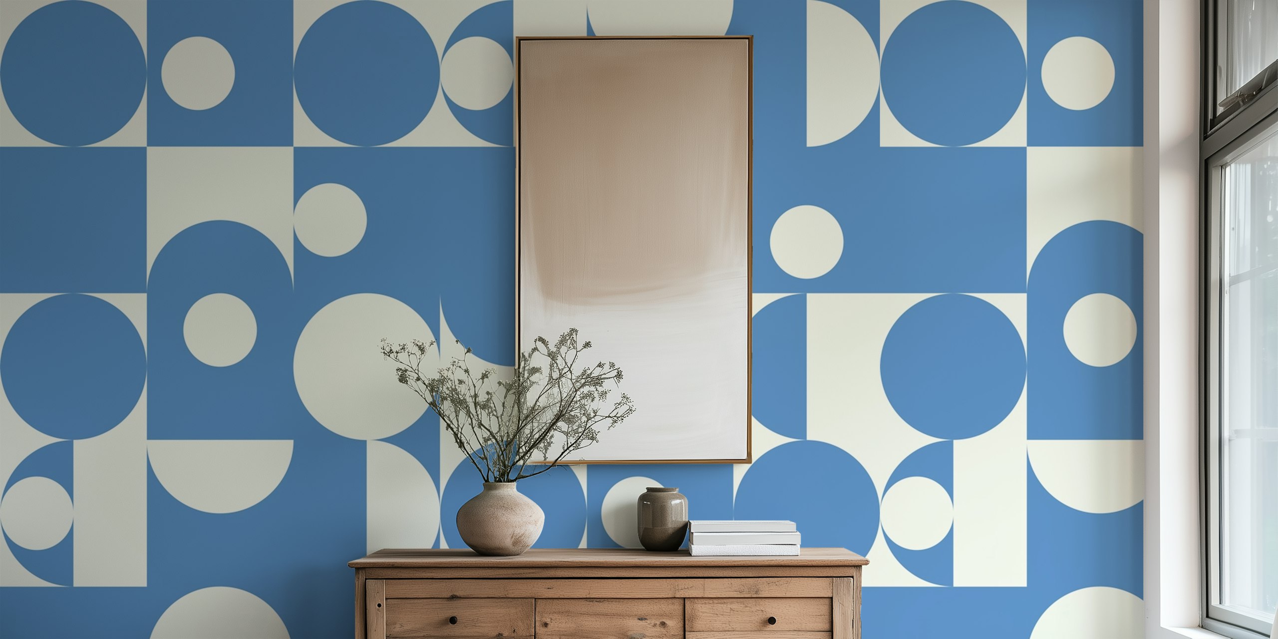 Bauhaus Geometric Blue Circles wallpaper in a room