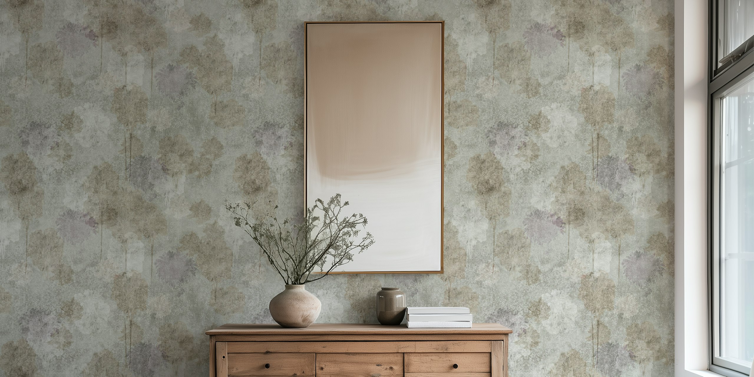 Soft gray and beige tree silhouettes with a dreamy effect wallpaper