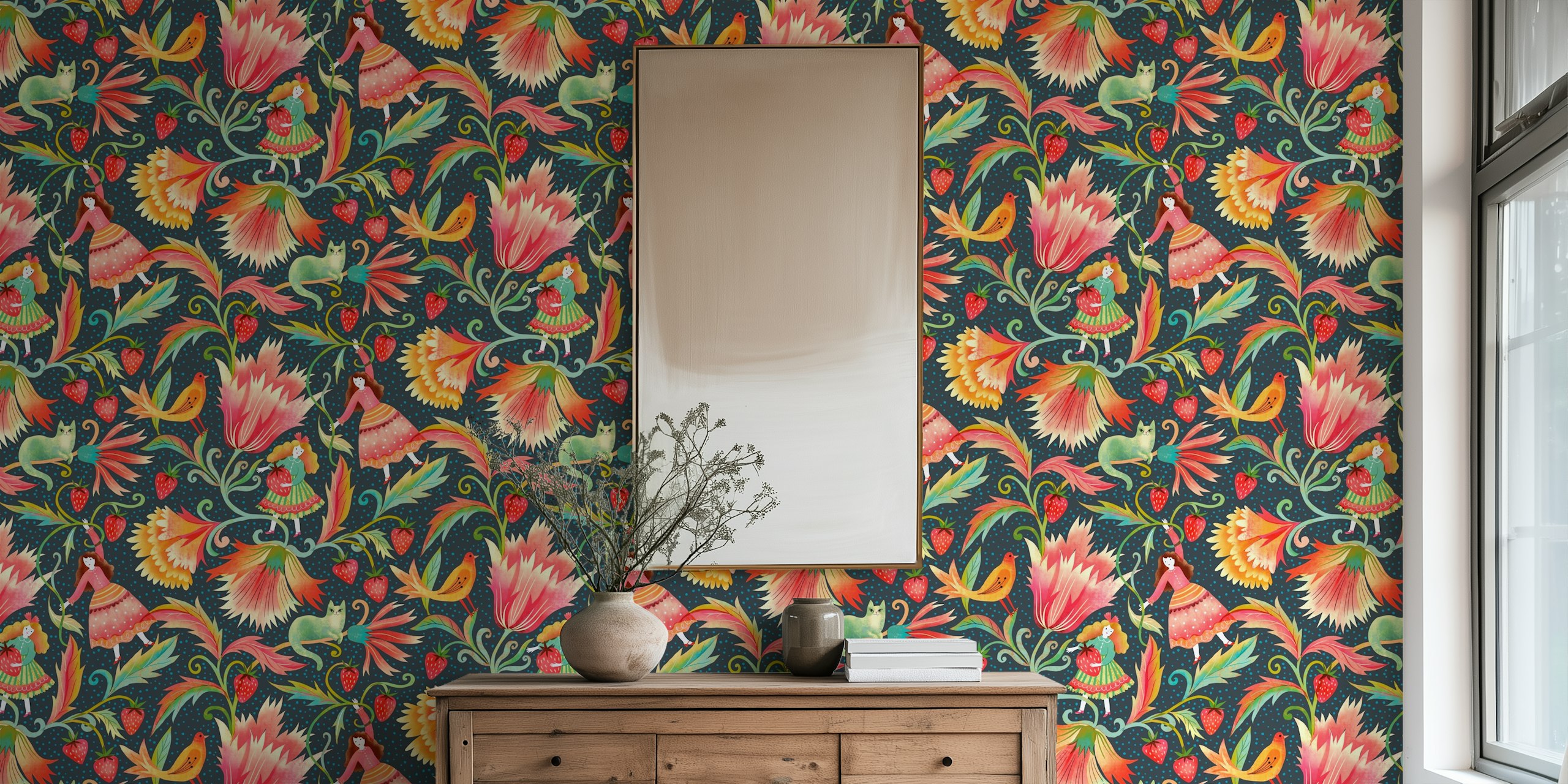 Floral wallpaper featuring dolls and strawberries