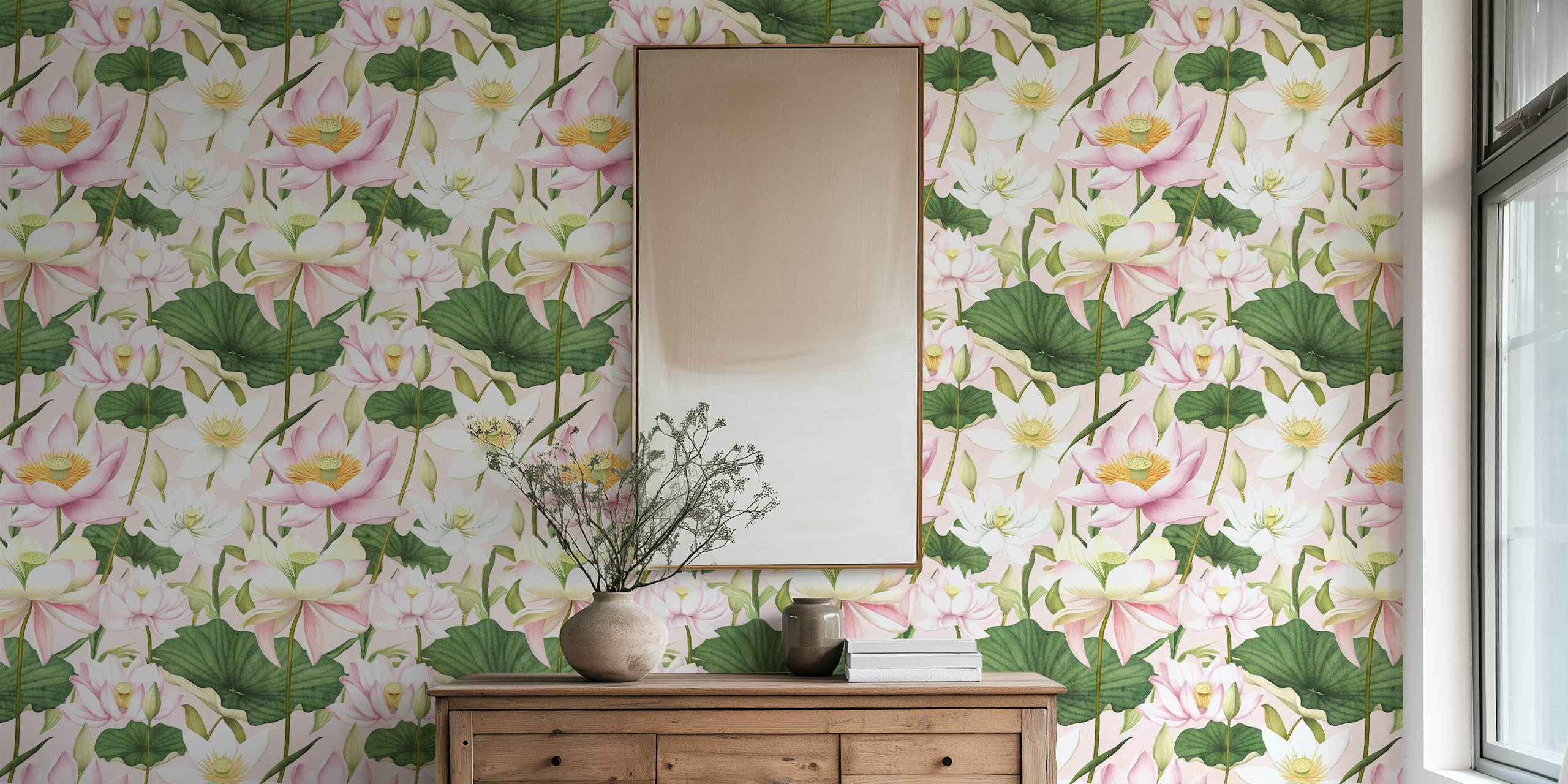 Pink and white cherry blossoms with green leaves wallpaper