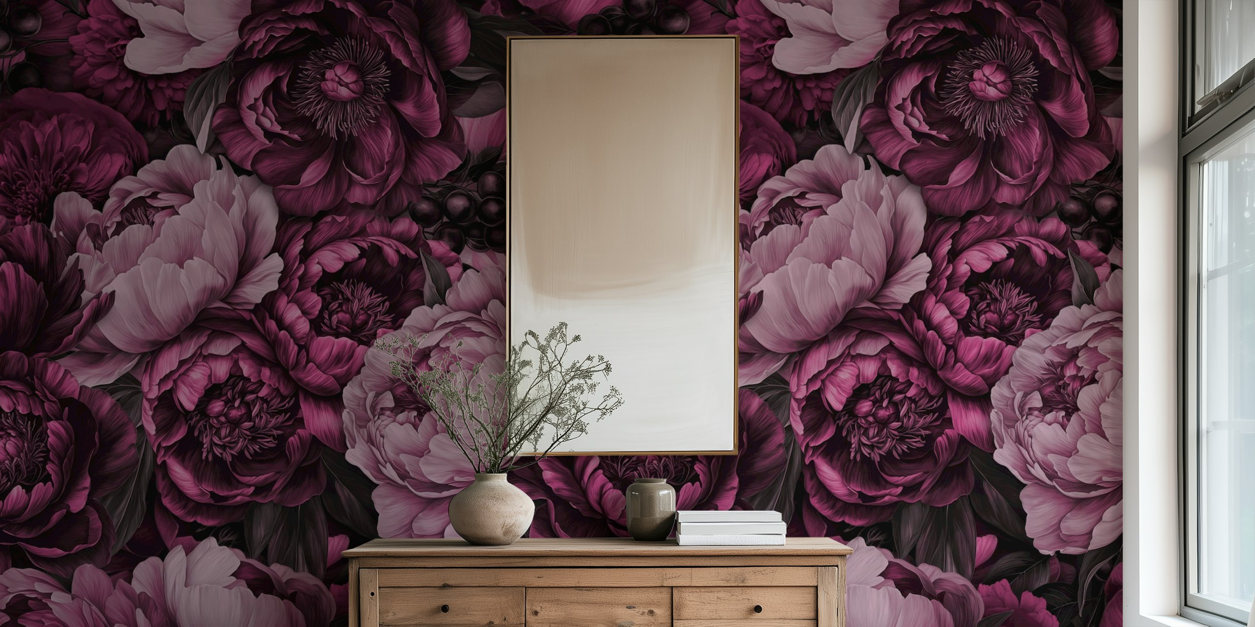 Dark Academia Baroque Bloom Pink Chic Tapete im Raum