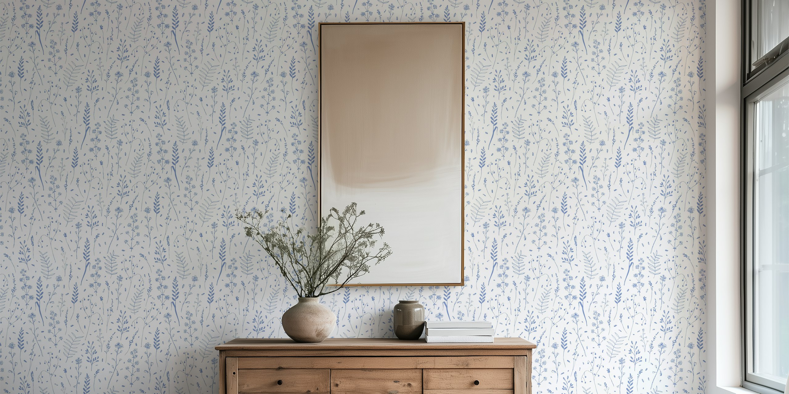 Tapeta Botanical Charm Blue Beige w pokoju