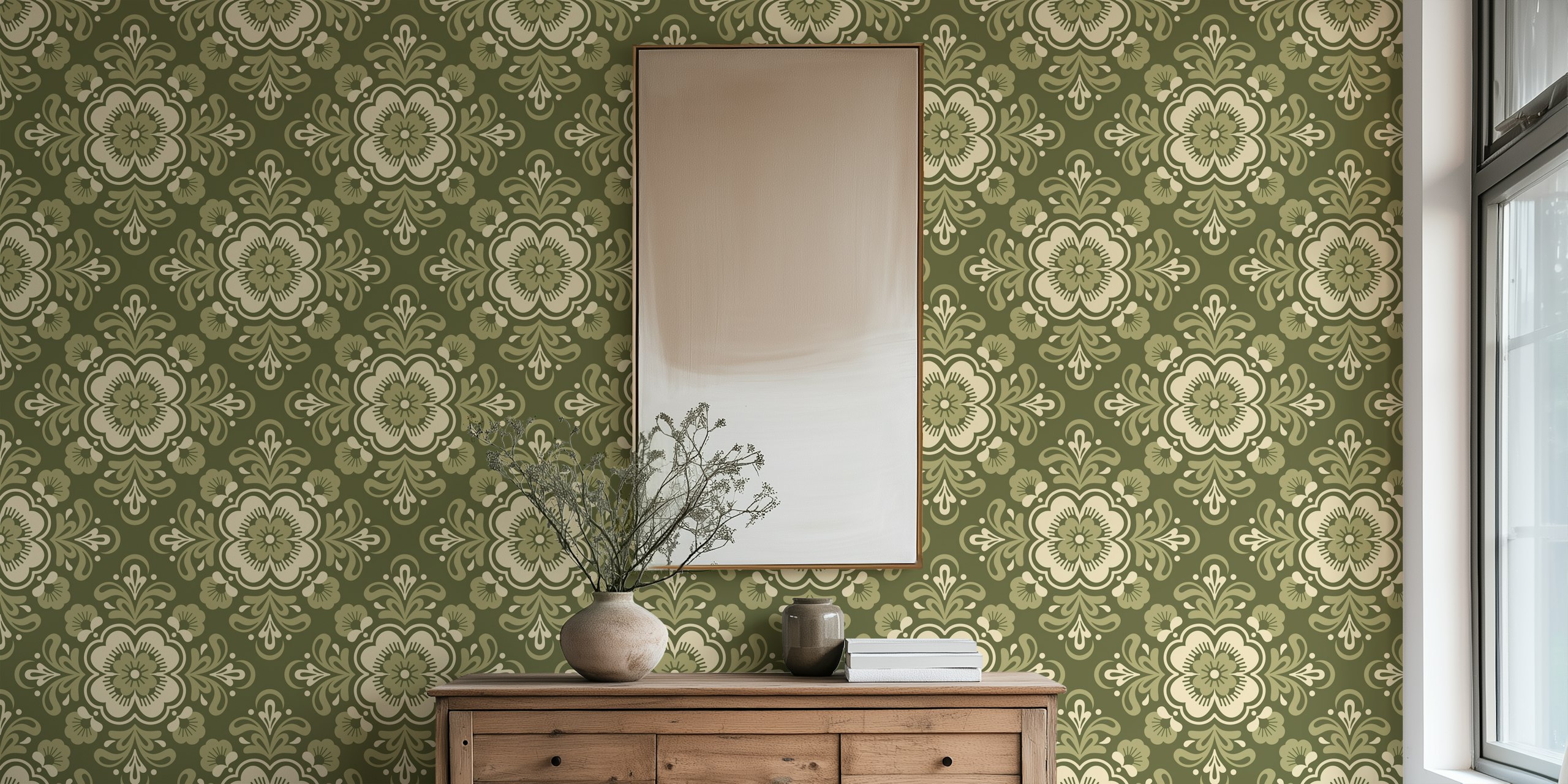 Ornate Floral Mandalas Pattern tapet i sage green