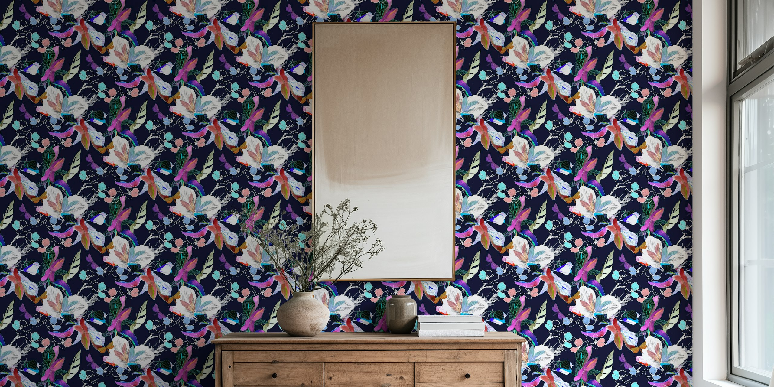 Colorful blooming flowers on navy background wallpaper