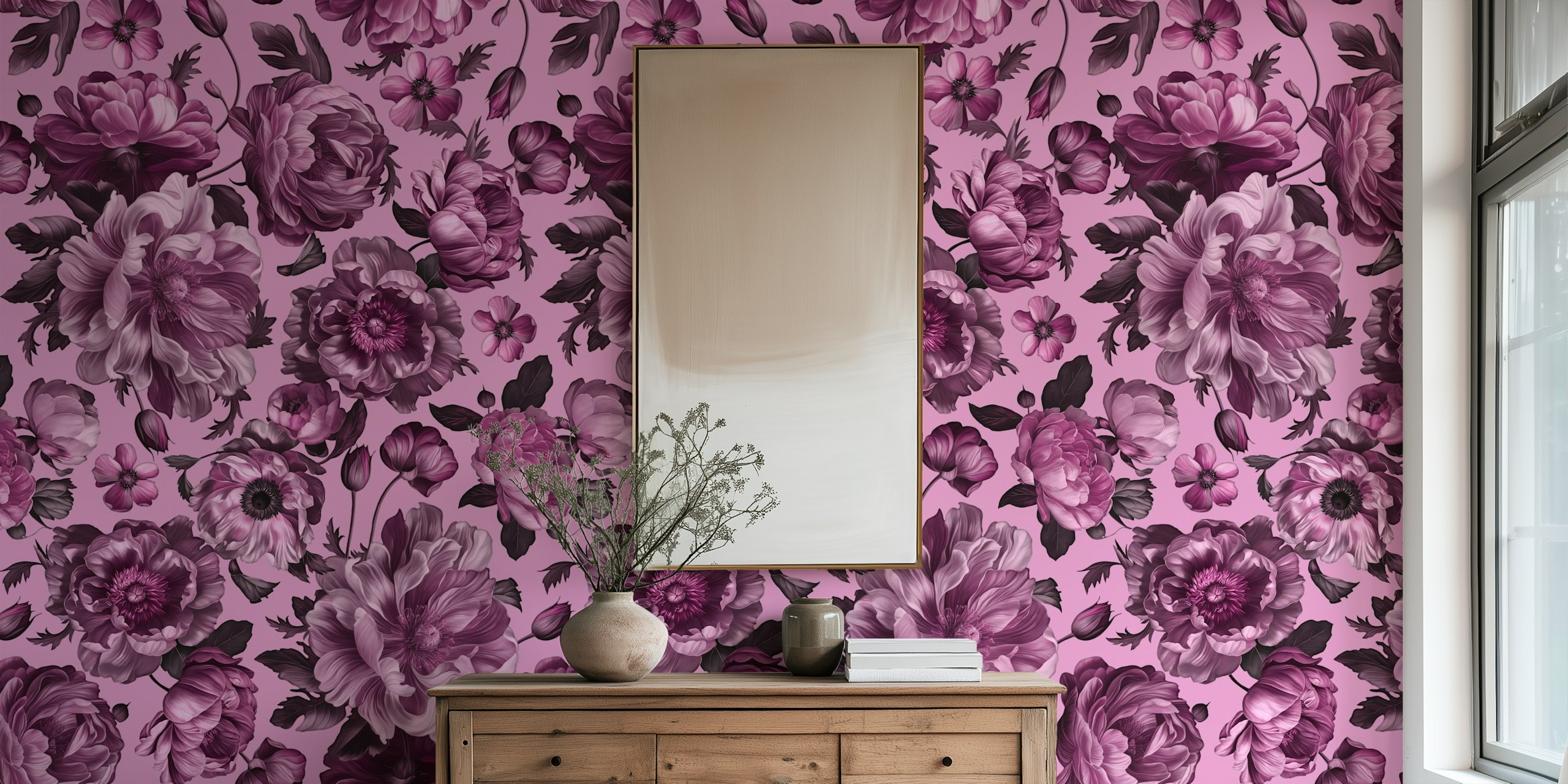 Ταπετσαρία Dark Academia Pink Baroque Flower σε ένα δωμάτιο