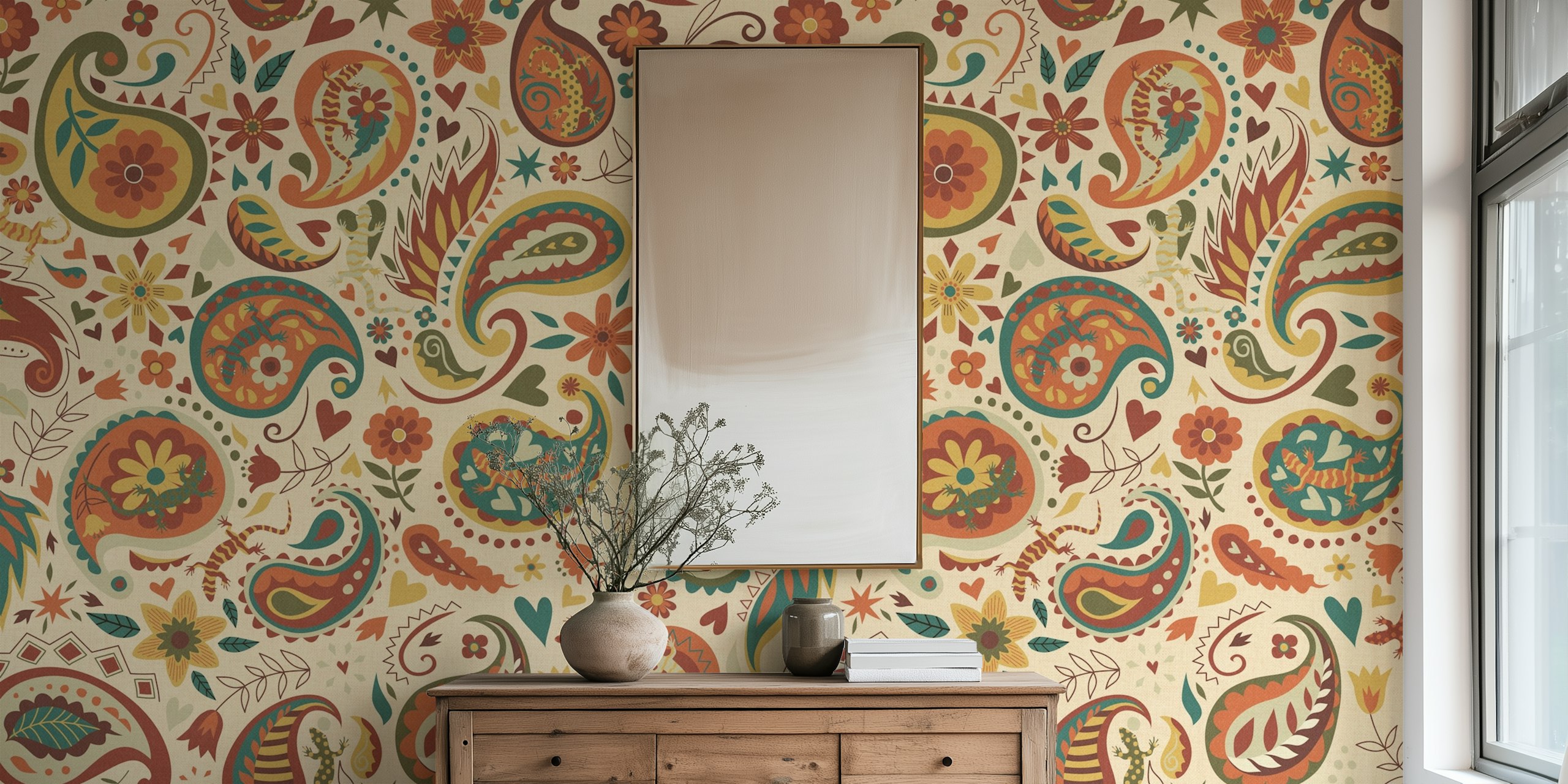 Bohemian floral wallpaper featuring paisley lizard design