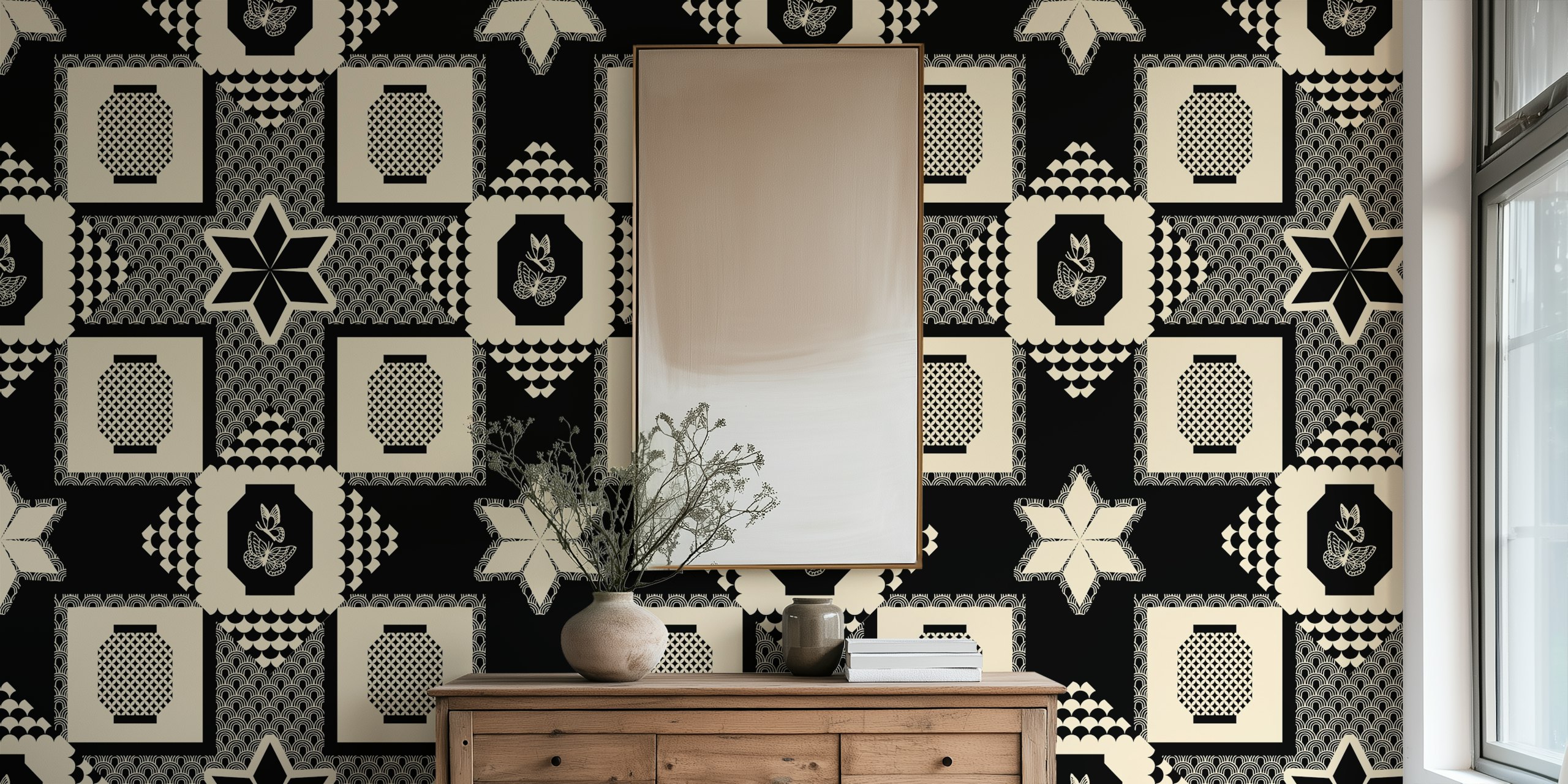 Japanese Lantern Geometric Design wallpaper in a room