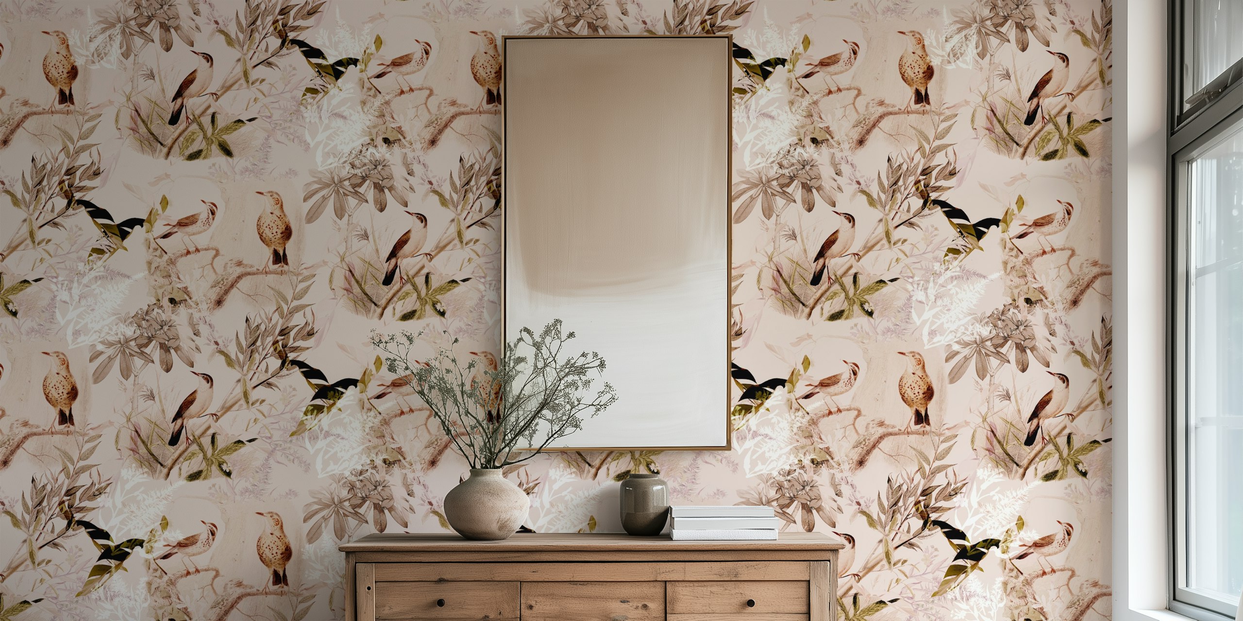 Birds on branches with foliage in soft pastel colors wallpaper