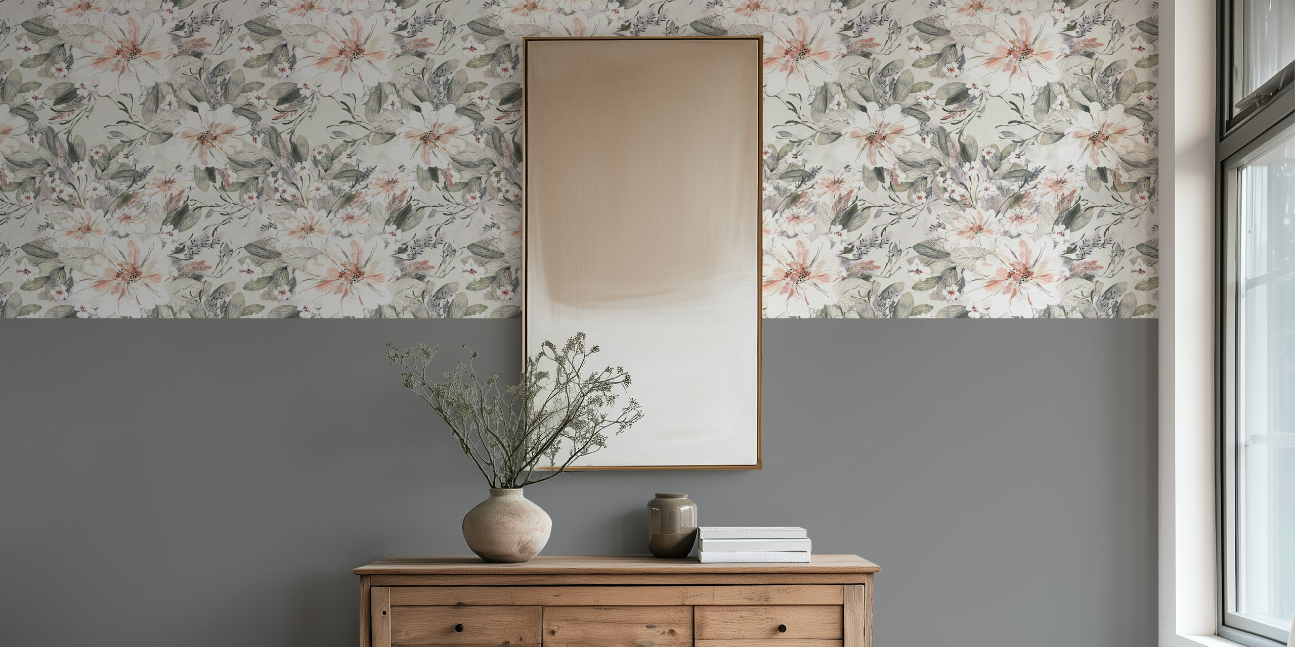 Hand-painted watercolor floral ταπετσαρία σε ένα δωμάτιο