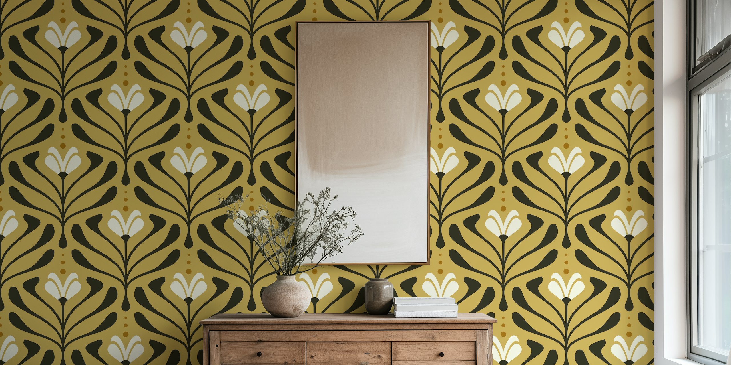 Vintage retro bloom flourish wallpaper in a room
