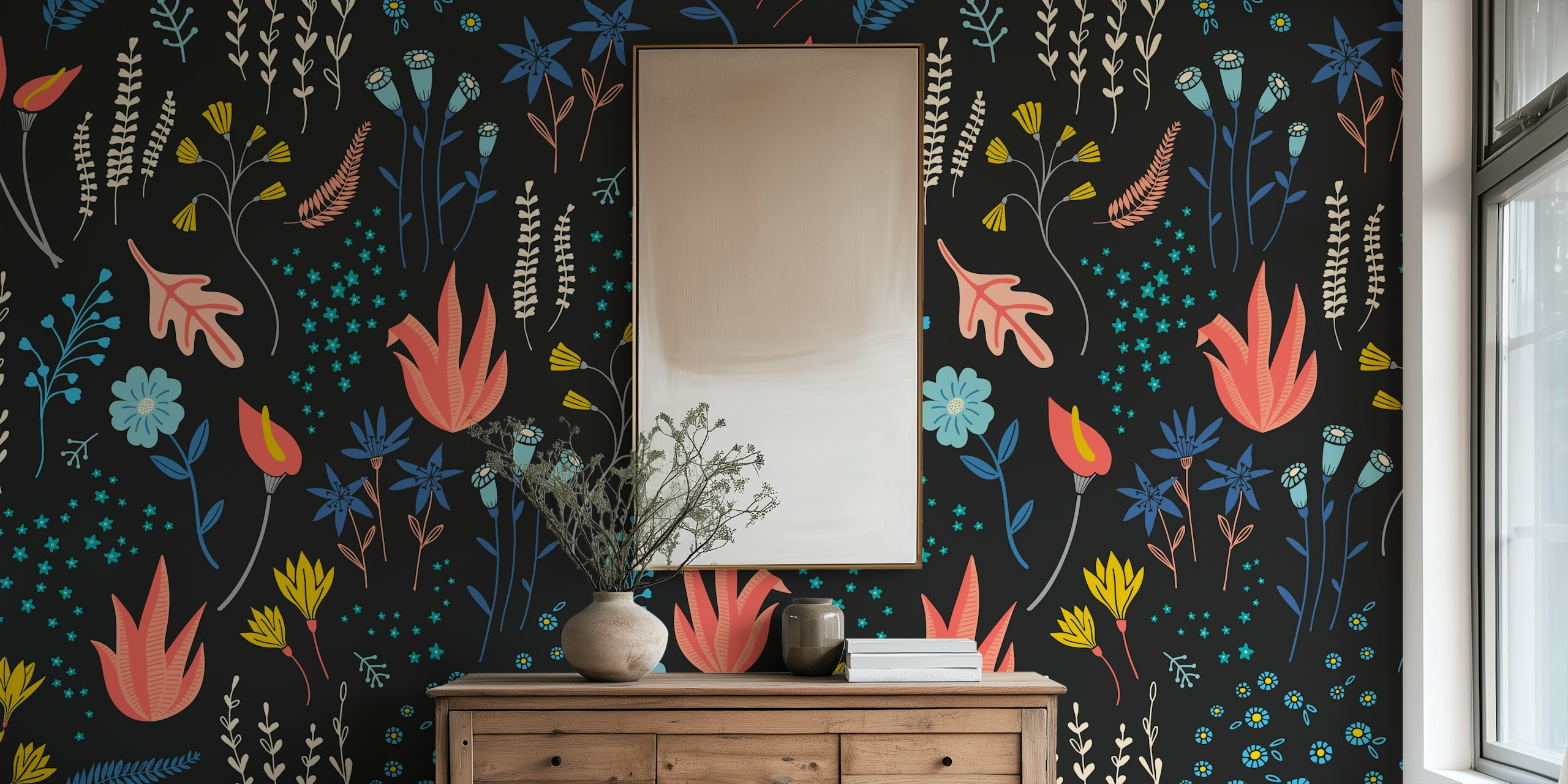 Colorful floral patterns on a black background wallpaper
