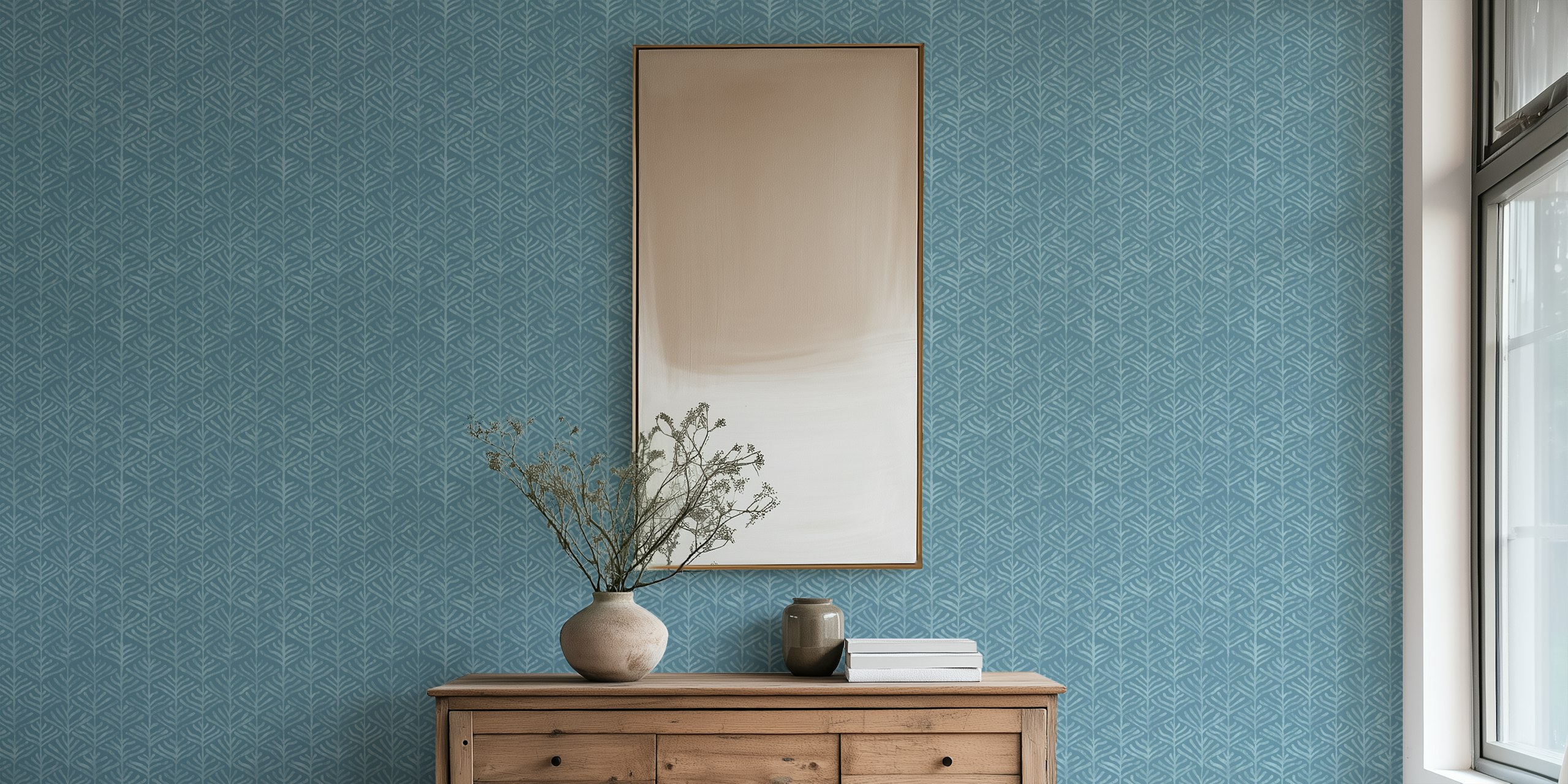 Minimal Coral Sea illustration wallpaper in einem Raum