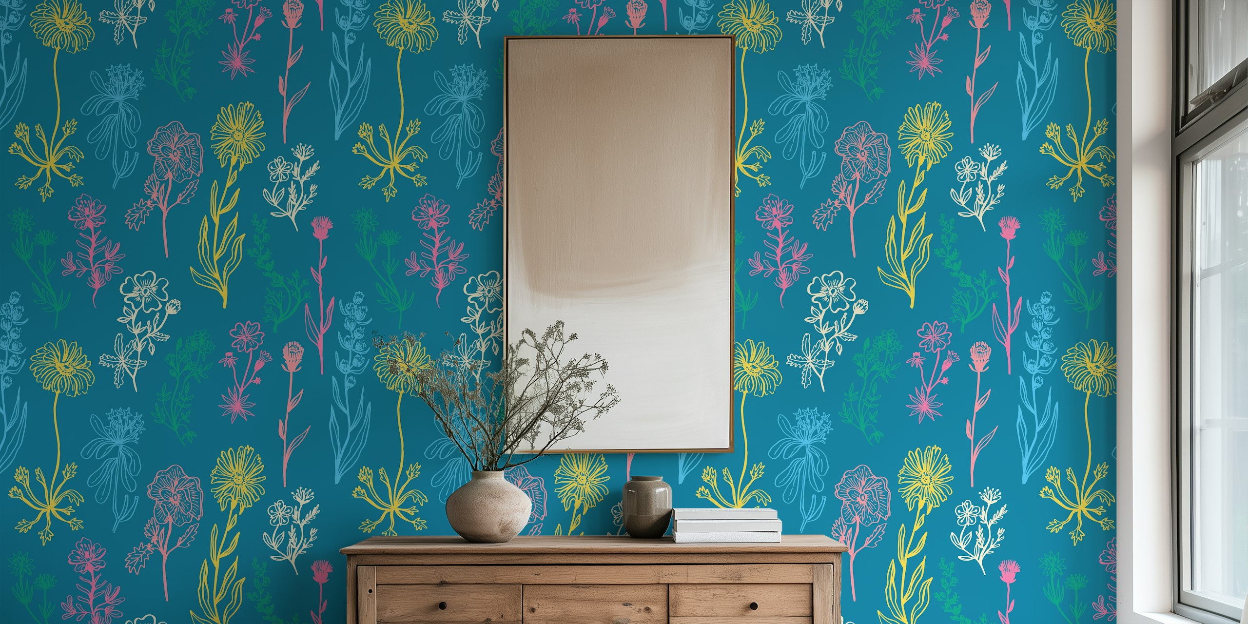 Botanical Alp Wildflowers wallpaper design in a room