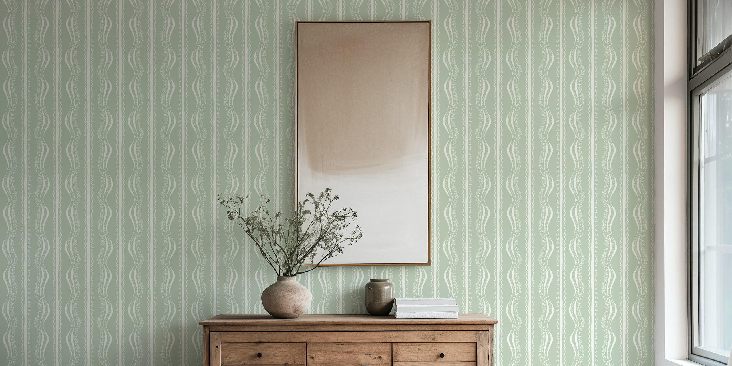 Cottagecore botanical stripes green behang in de kamer