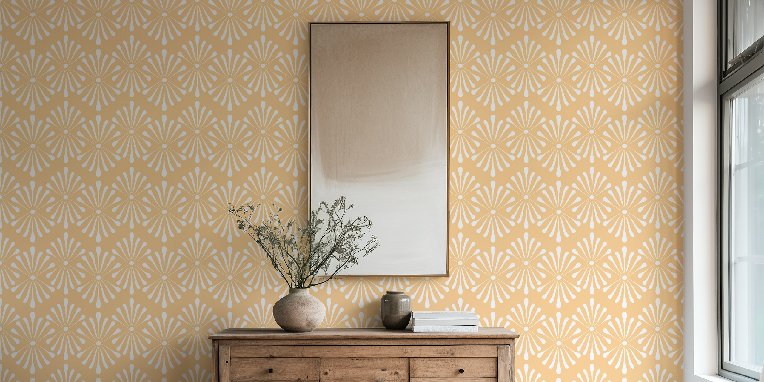 Abstract Floral Soft Yellow tapaatti esillä huoneessa