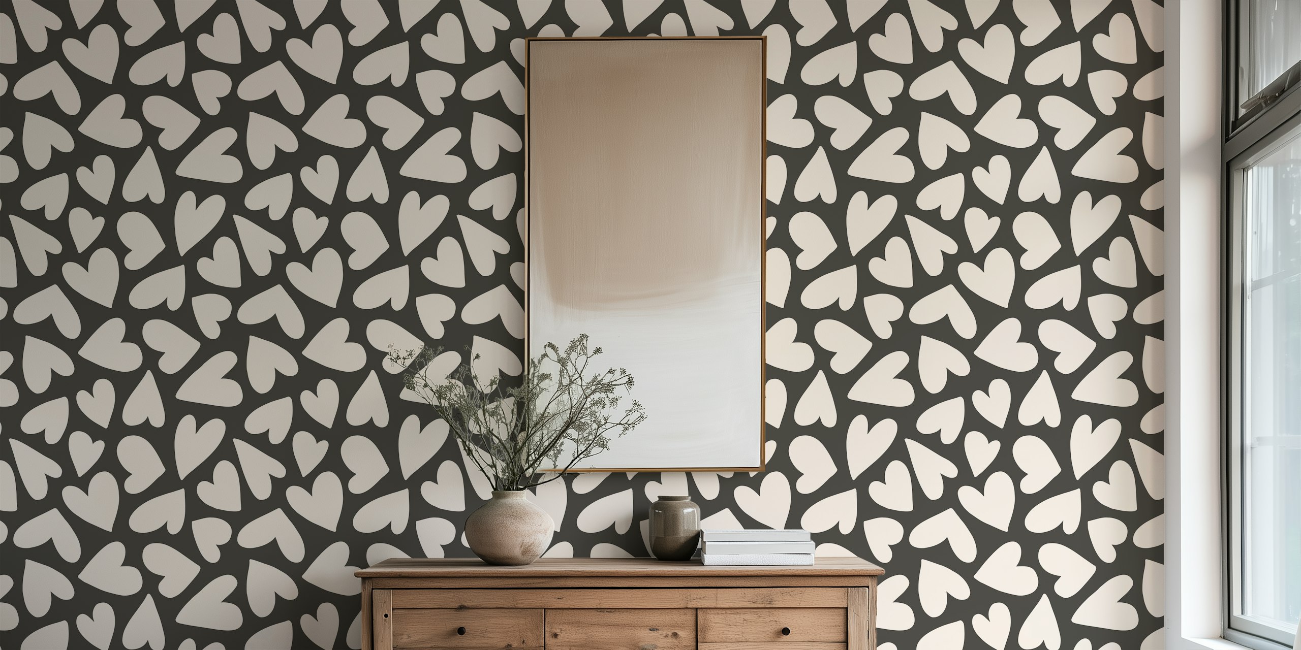 Heart shapes in cream on a dark gray background wallpaper