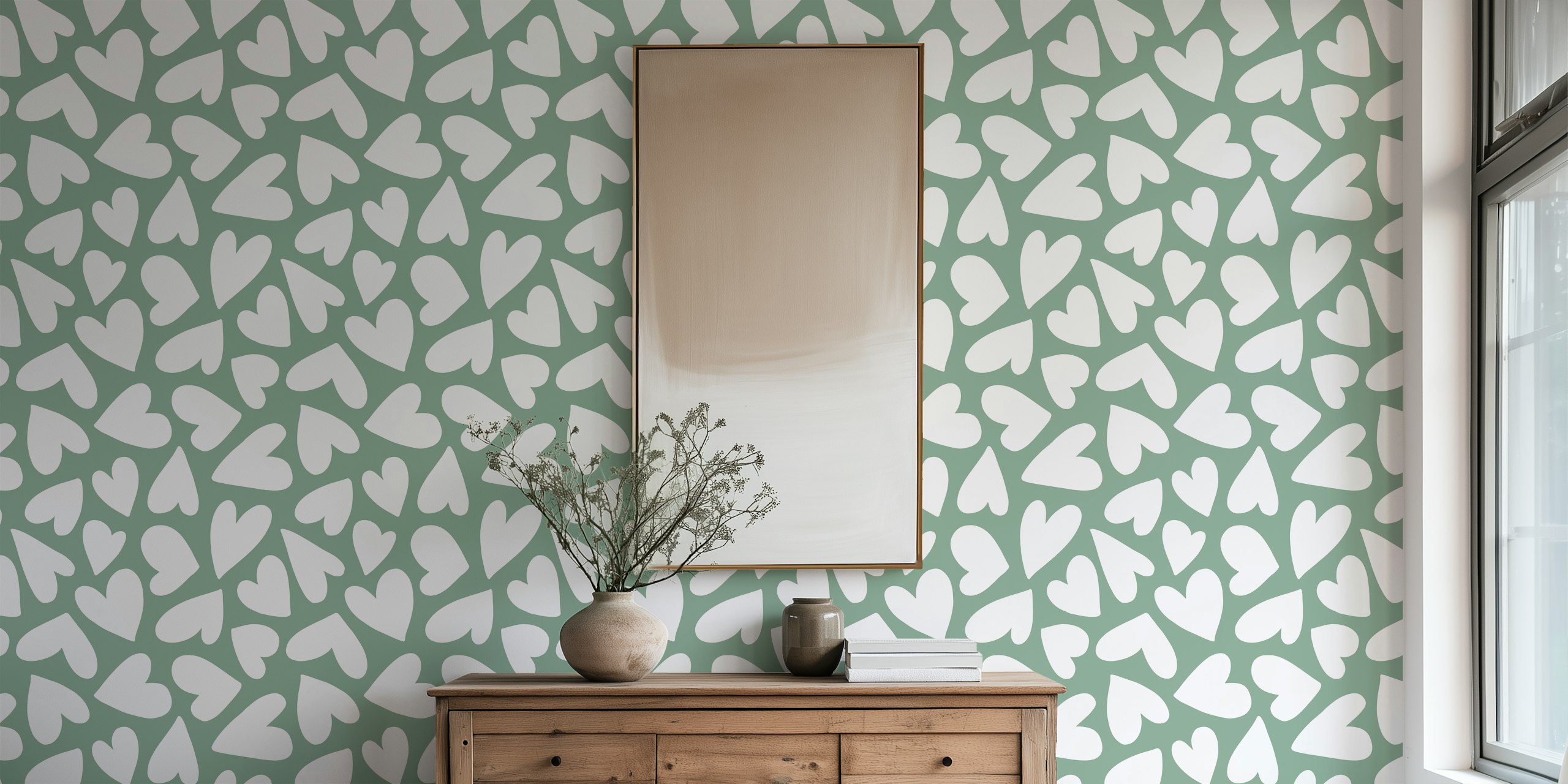 White heart shapes on sage green background wallpaper