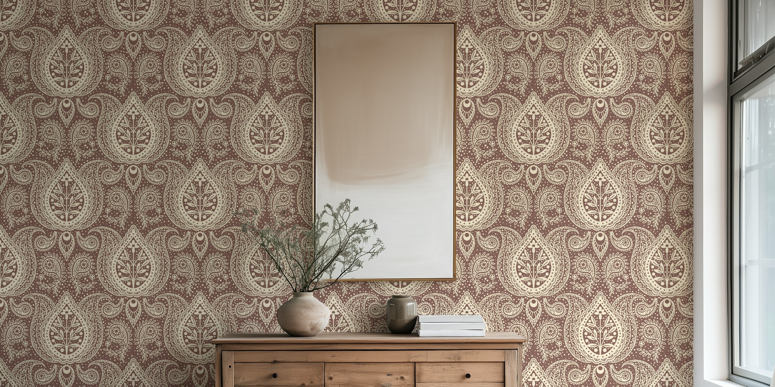 Floral paisley damask wallpaper w pokoju