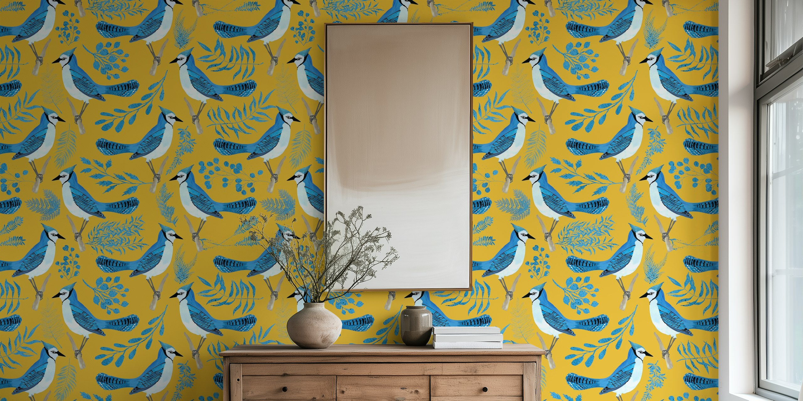 Blue jays and leafy patterns in blue on yellow wallpaper