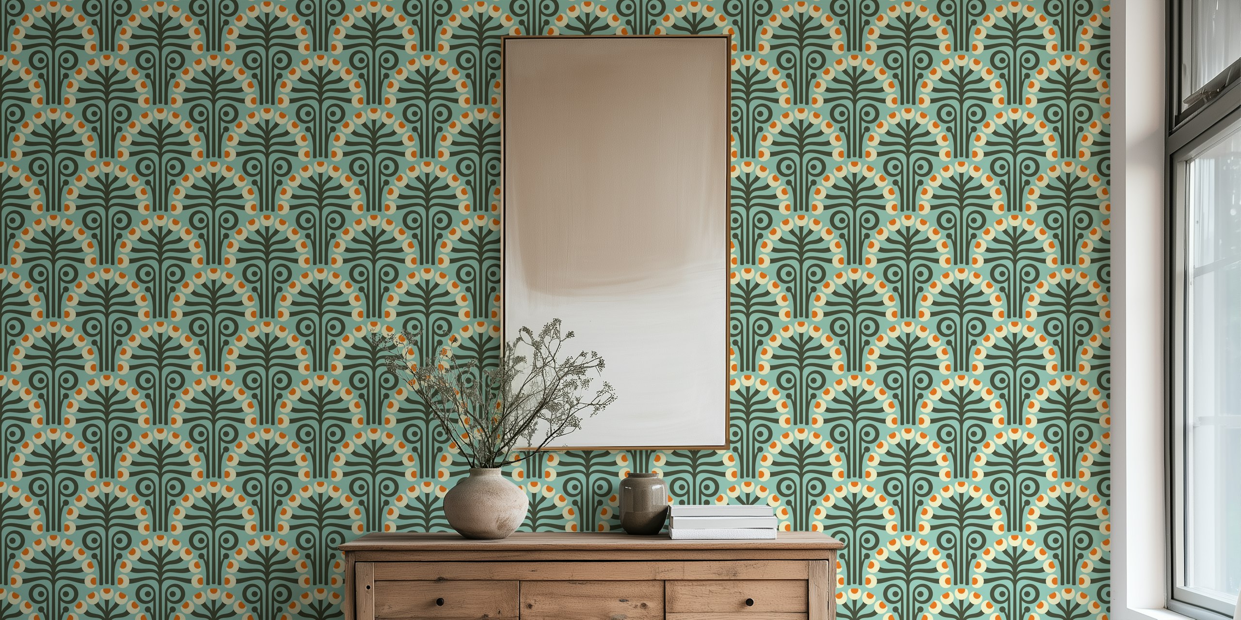 Vintage Botanical Retro Scallop Turquoise wallpaper u sobi