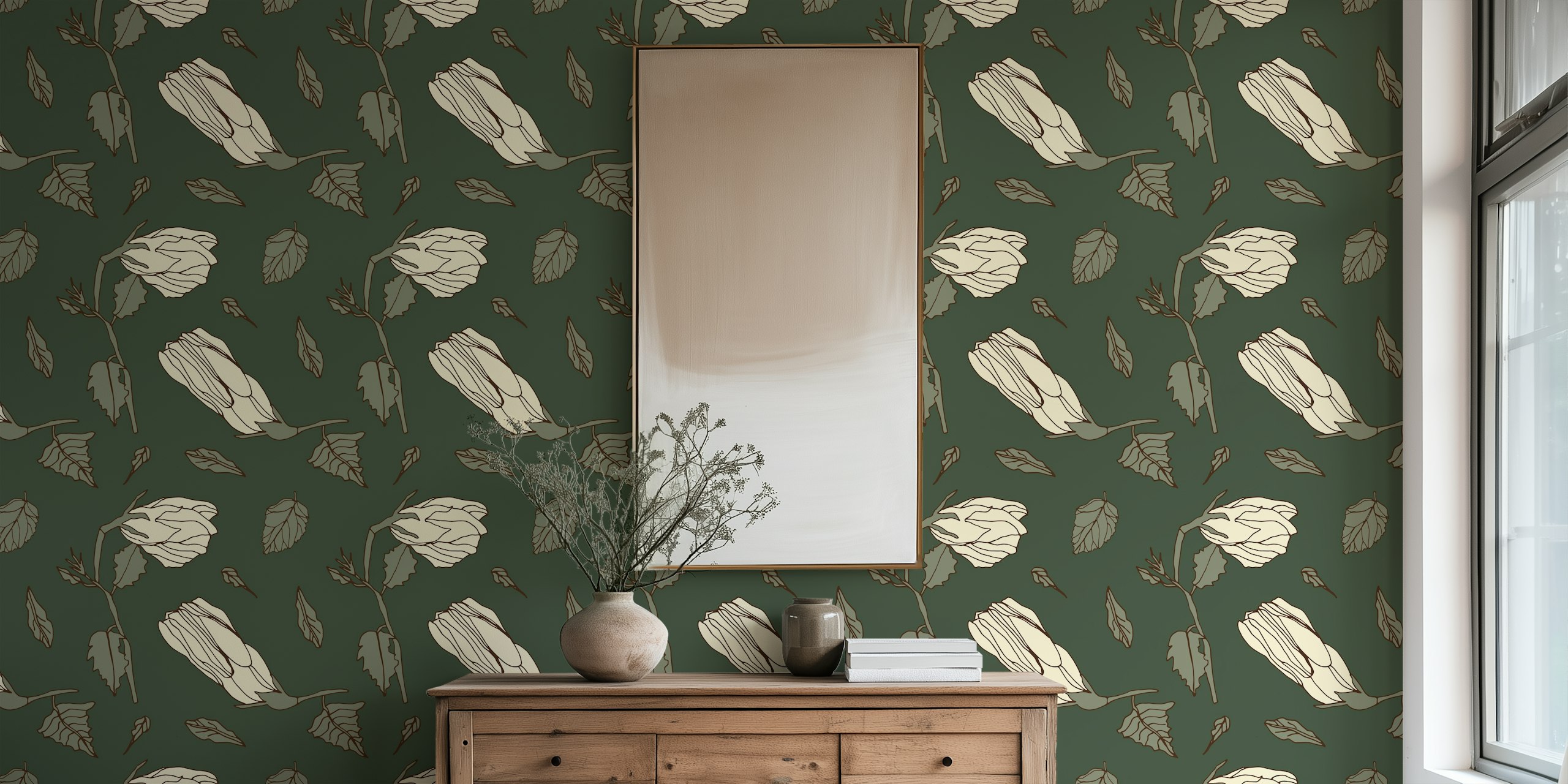 Beige floral design on deep green background wallpaper