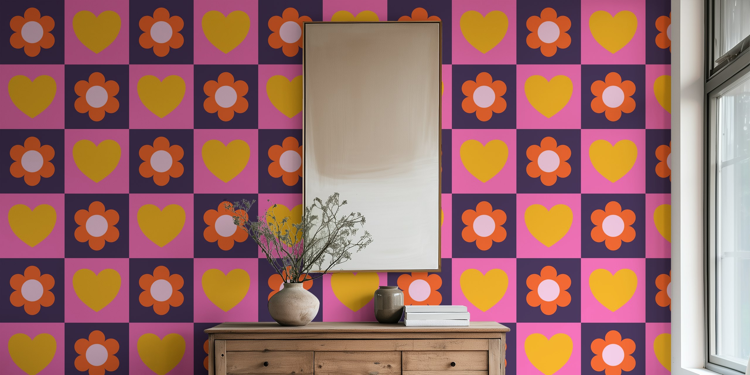 Floral checkerboard wallpaper in een kamer
