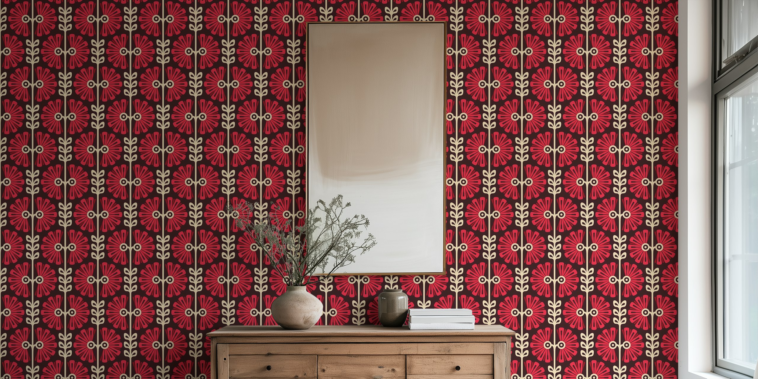 Vintage Bold Daisy Symphony in Red tapettisuunnittelu