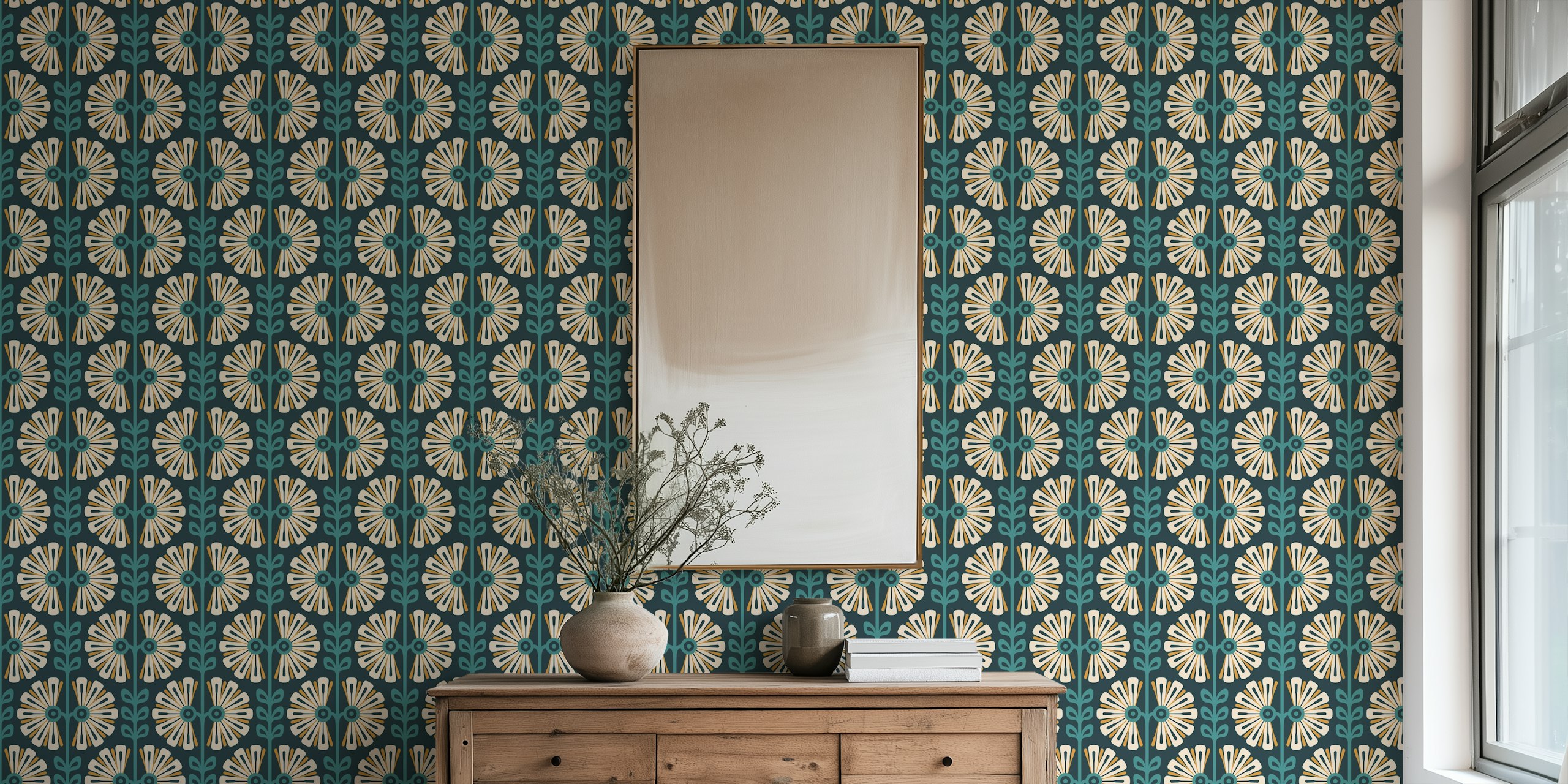 Vintage Bold Daisy Symphony in Teal wallpaper design