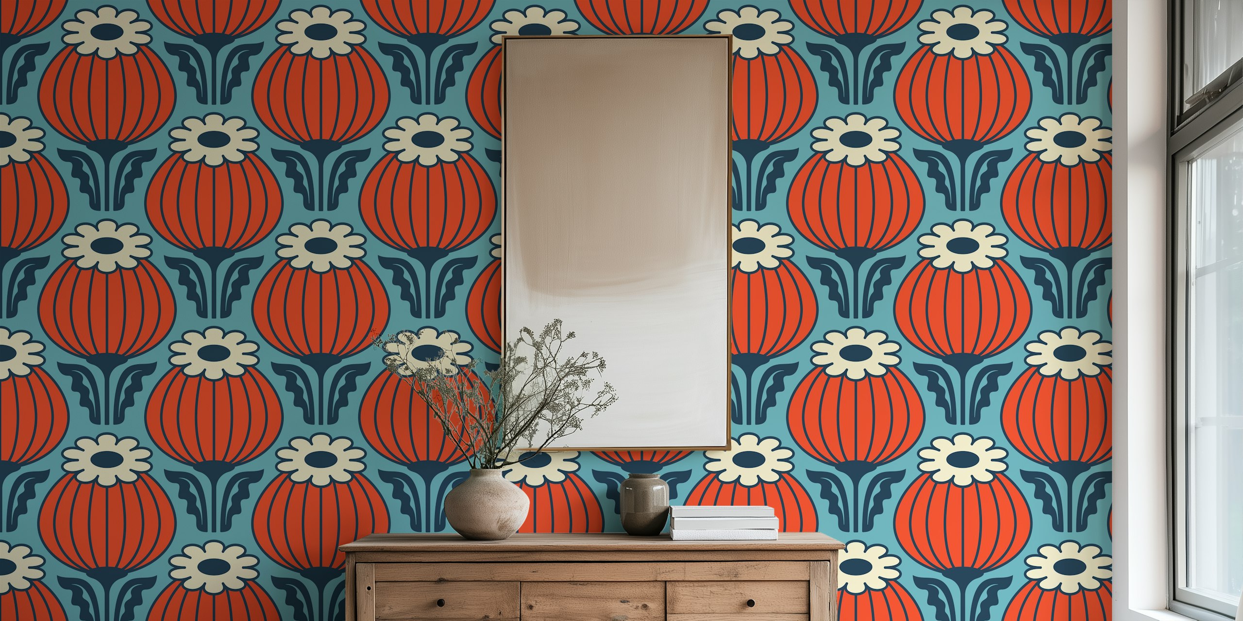 Bold vintage poppies wallpaper in a room