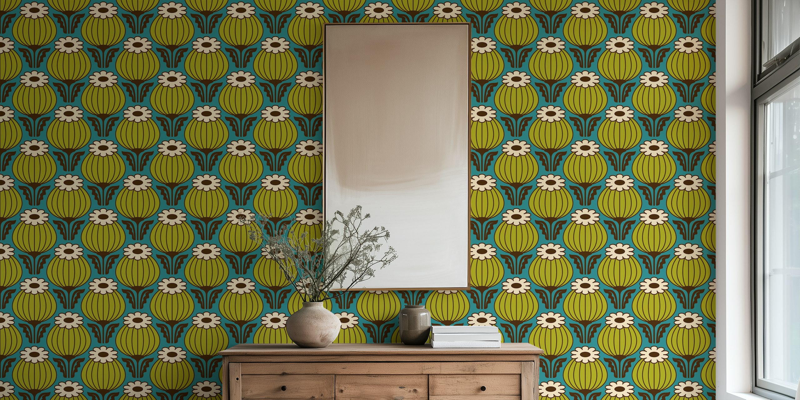 Bold Vintage Poppies Green Teal wallpaper in a room