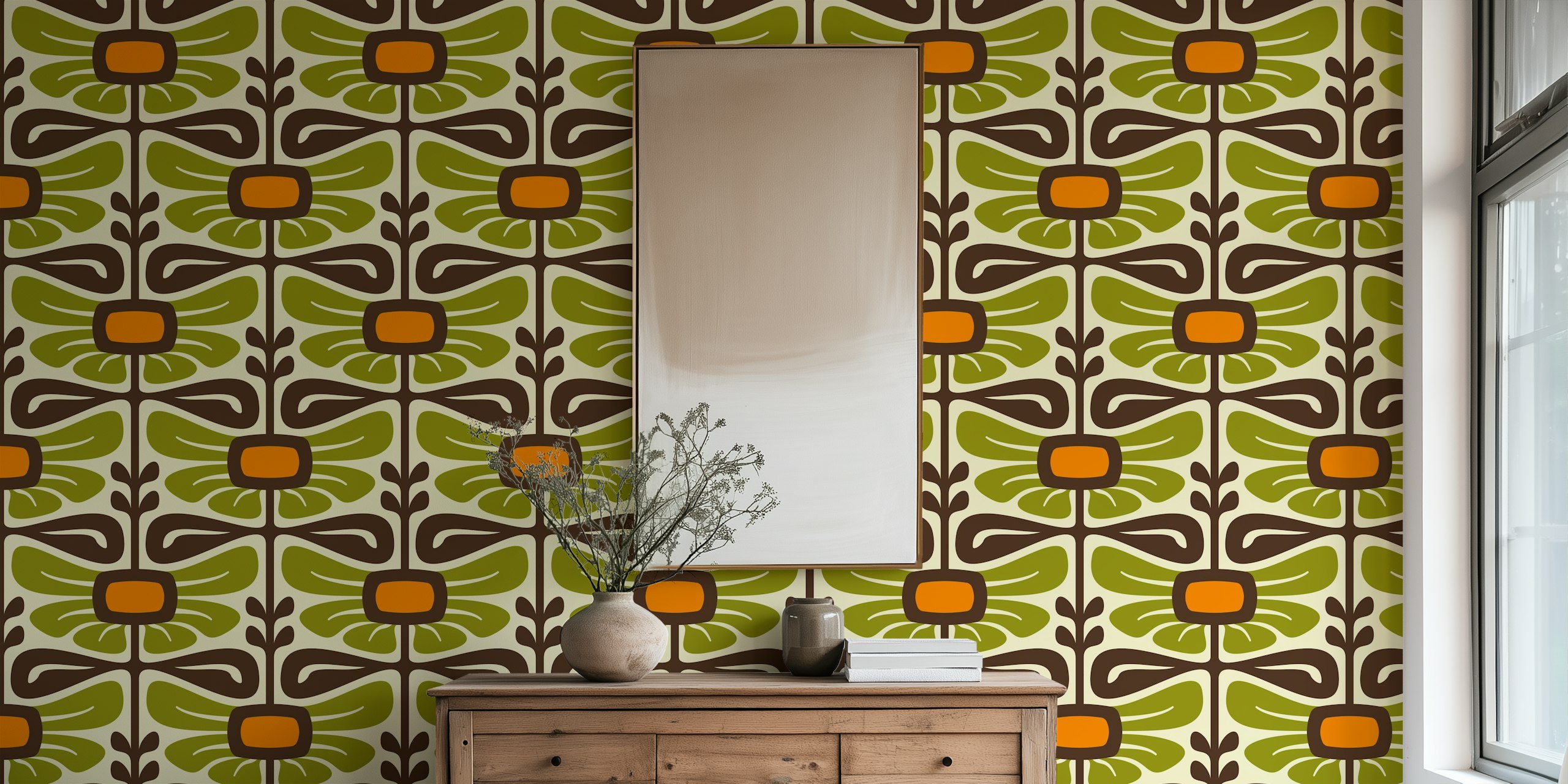 Vintage floral wallpaper in verde e arancione