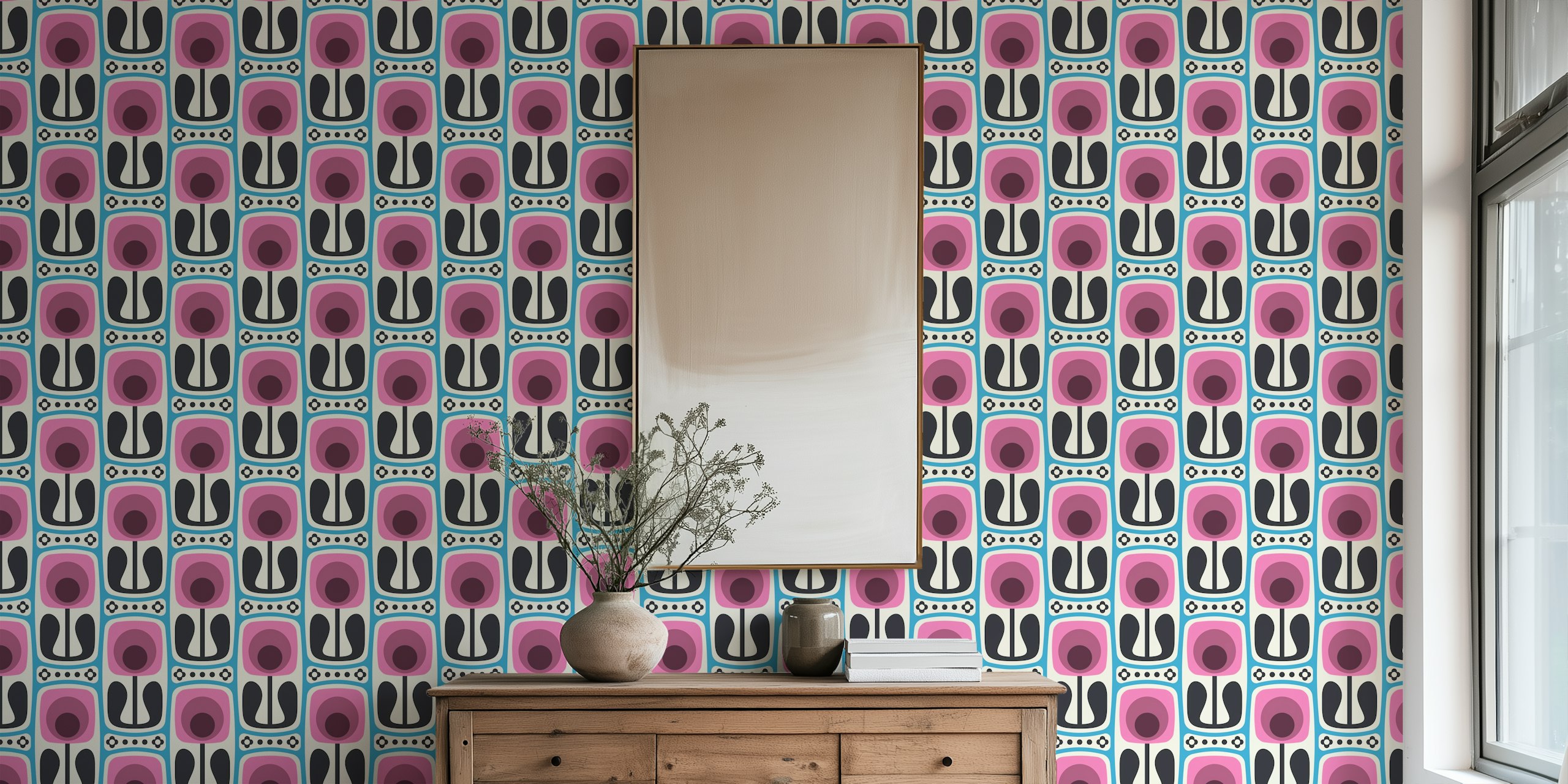 Nostalgic Retro Blooms Pink Blue wallpaper in a room