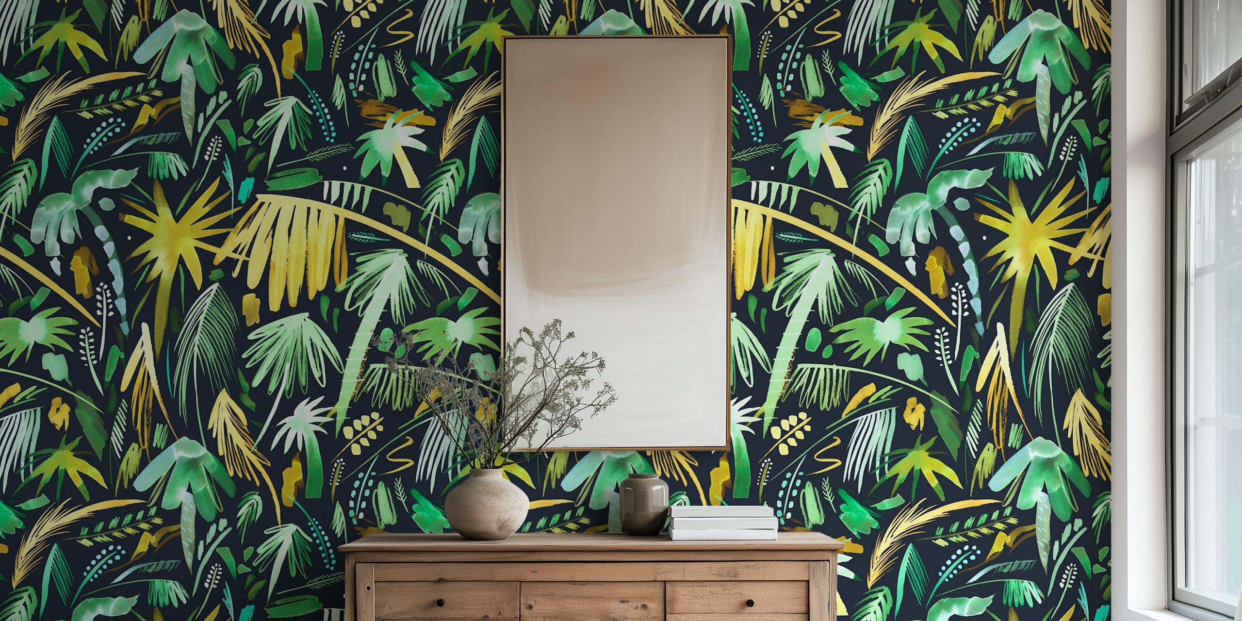 Lush palms jungle tropical wallpaper in una stanza