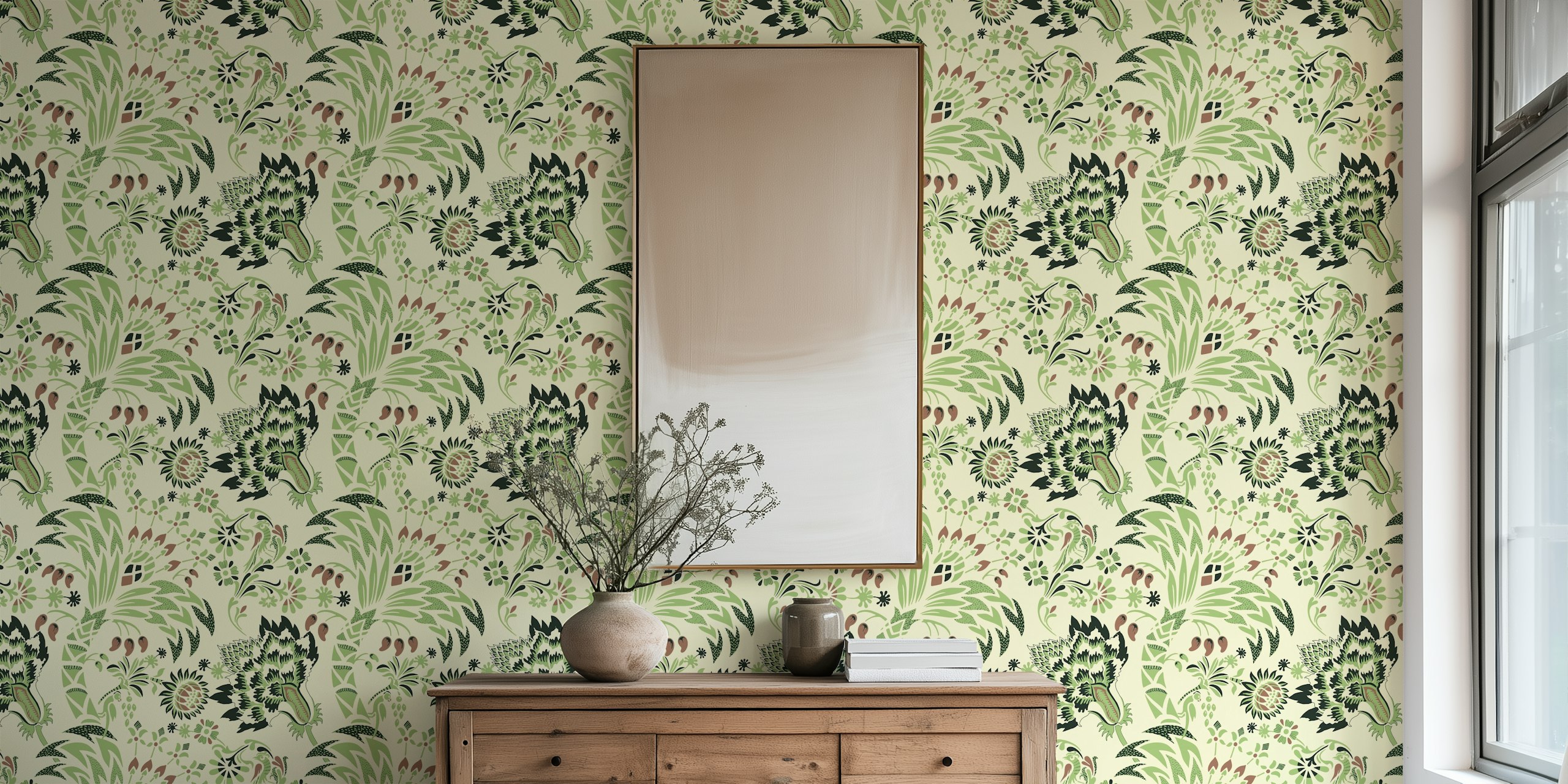 Botanical floral patterns in green and brown on cream wallpaper
