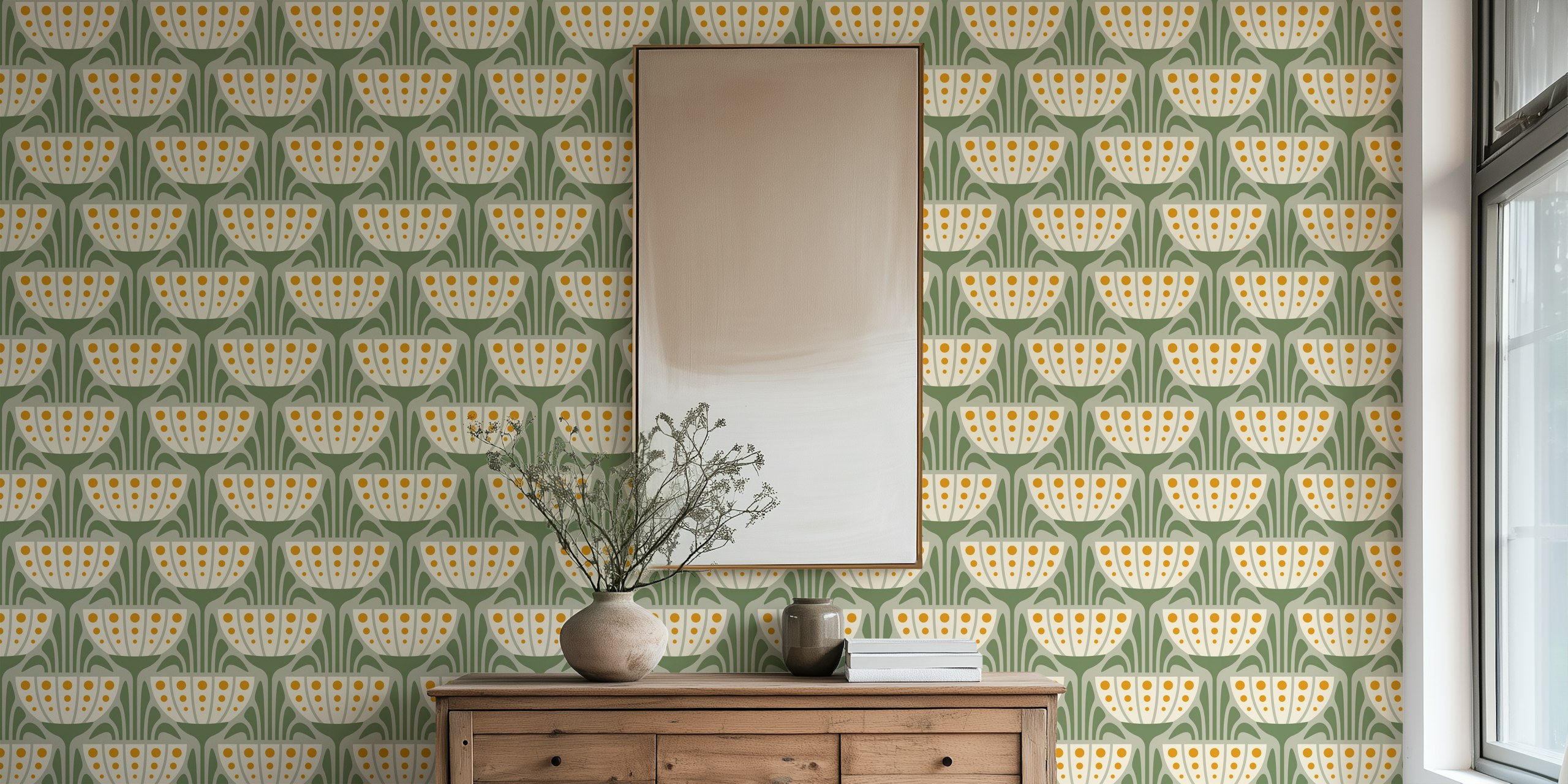Mid-Century Blossoms wallpaper in een kamer